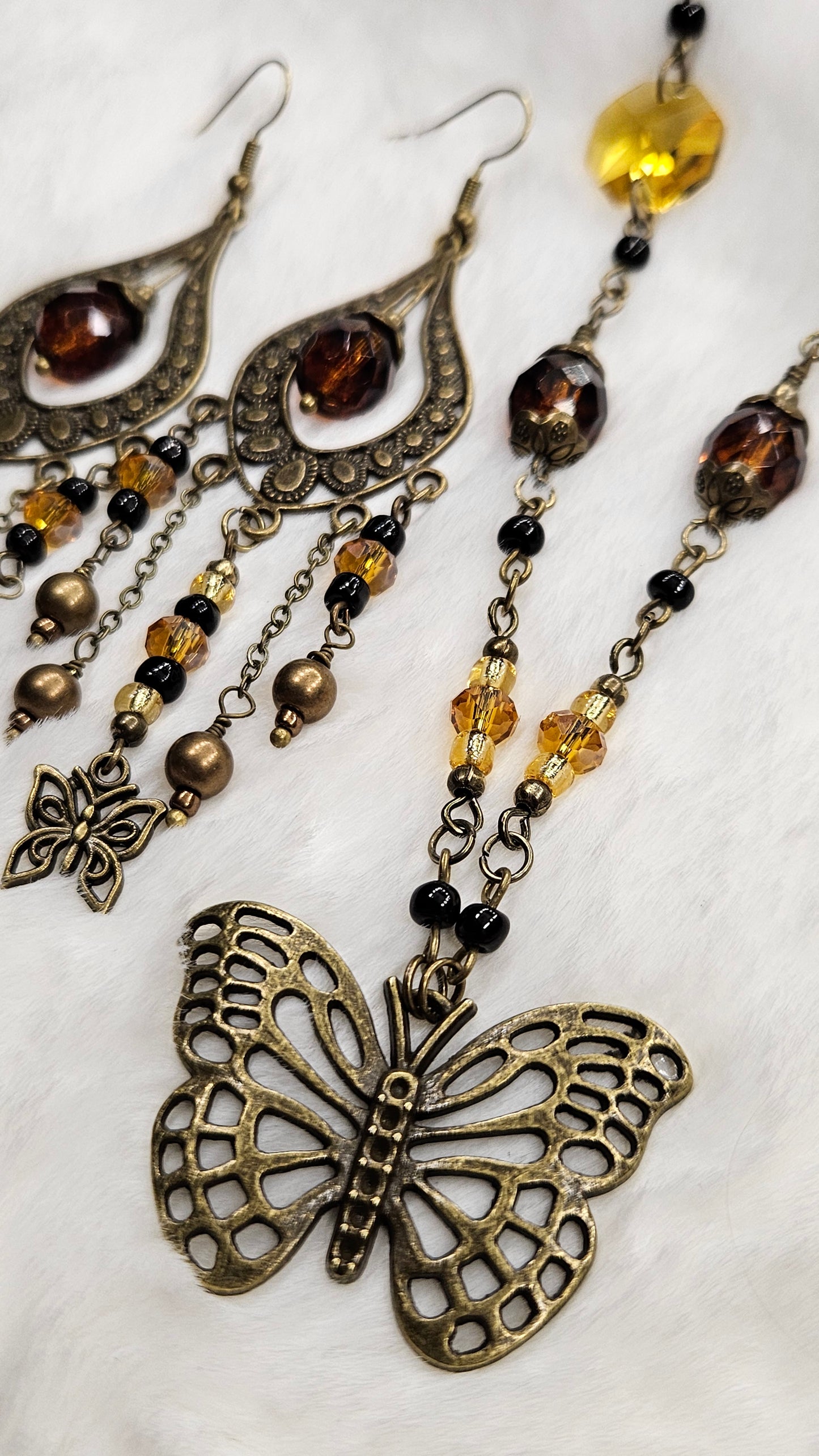Large Brass Butterfly Pendant Necklace with Dark Amber and Golden Crystals