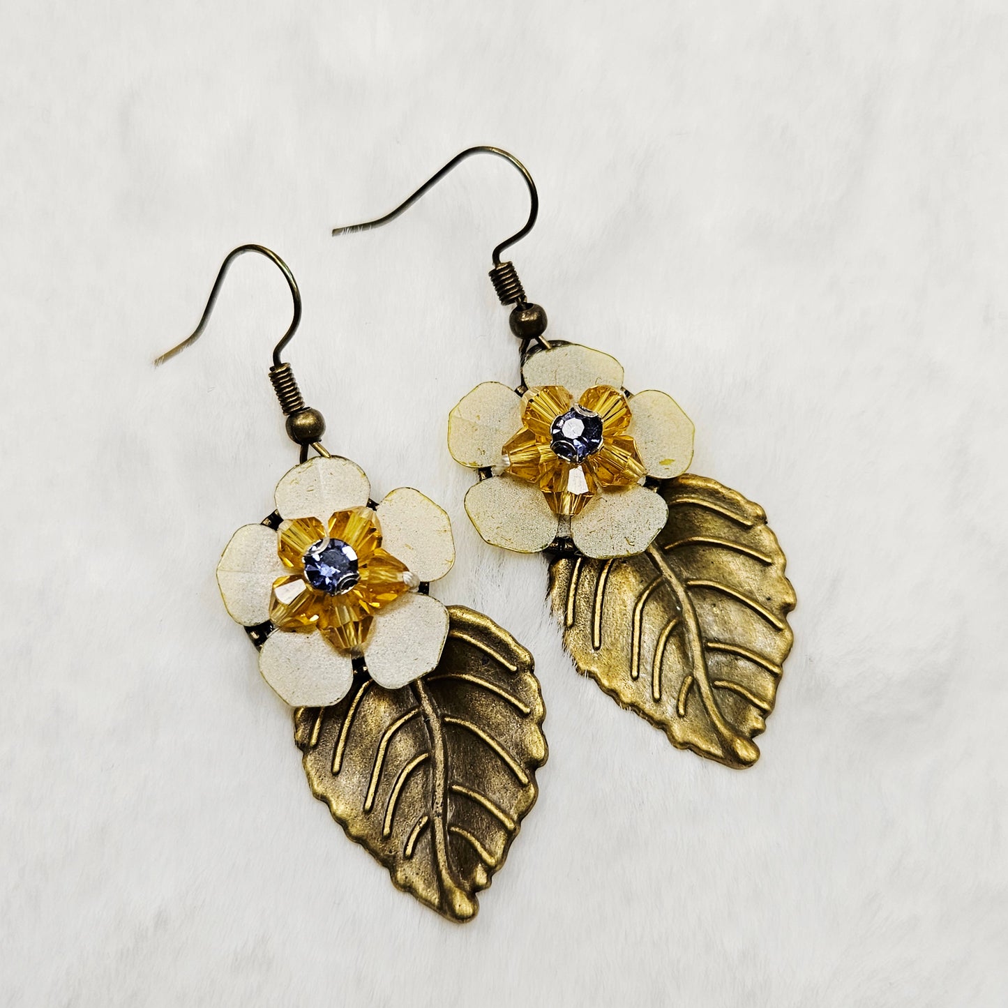 Brass Leaf Earrings with Golden Yellow Flowers