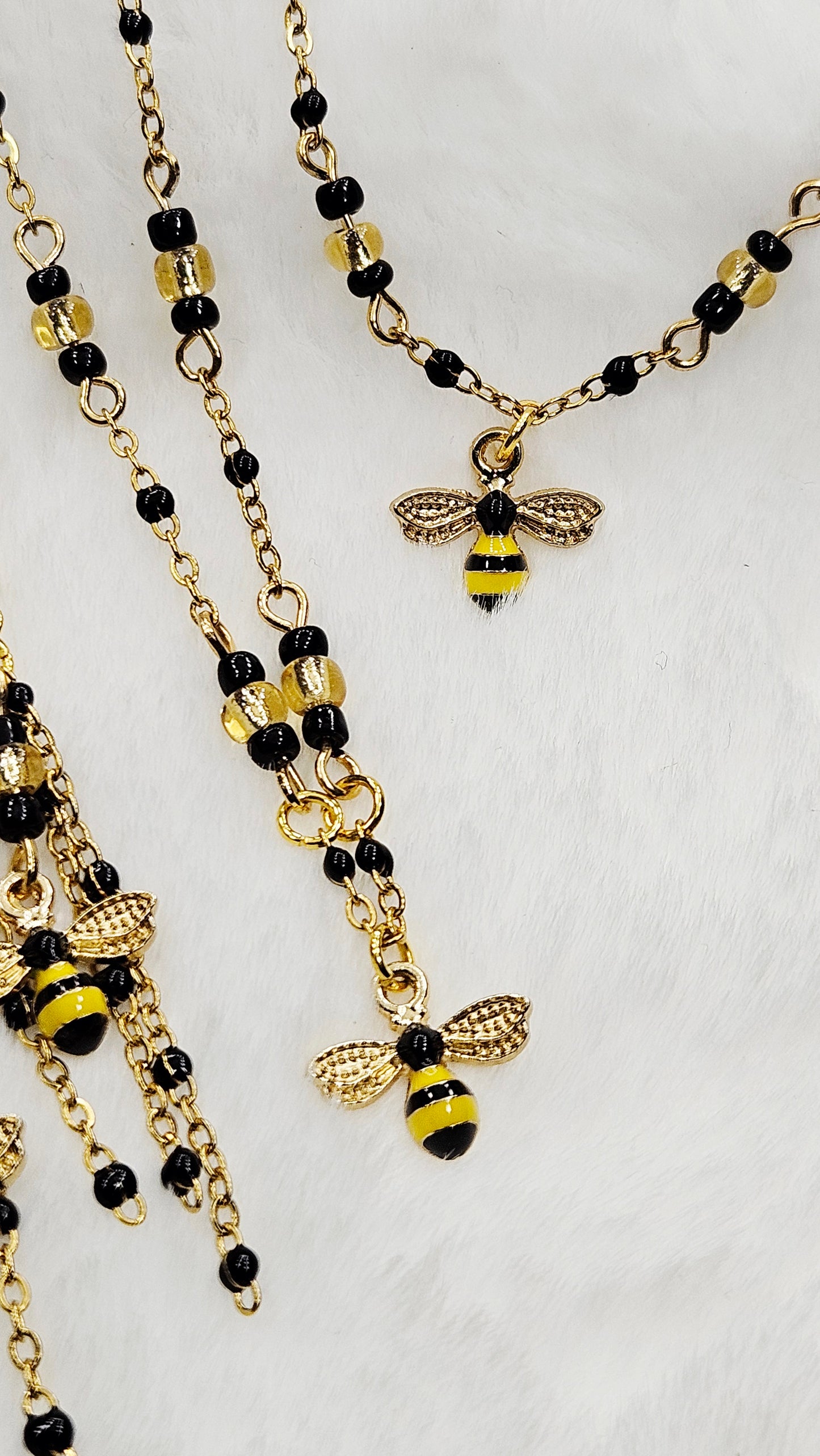 Busy Lil Bee's Full Set - Black and Yellow Bee Charms on Black and Gold Chain Necklace, Earrings and Bracelet