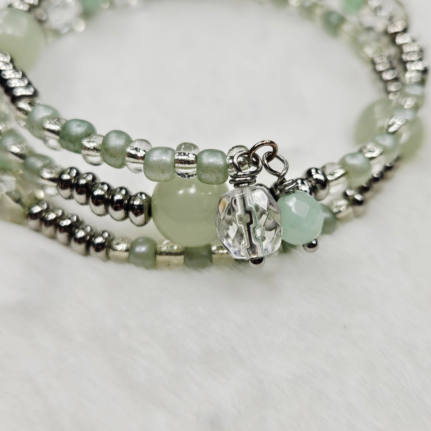 Silver and Pale Green Wrap Bracelet with Clear Crystal