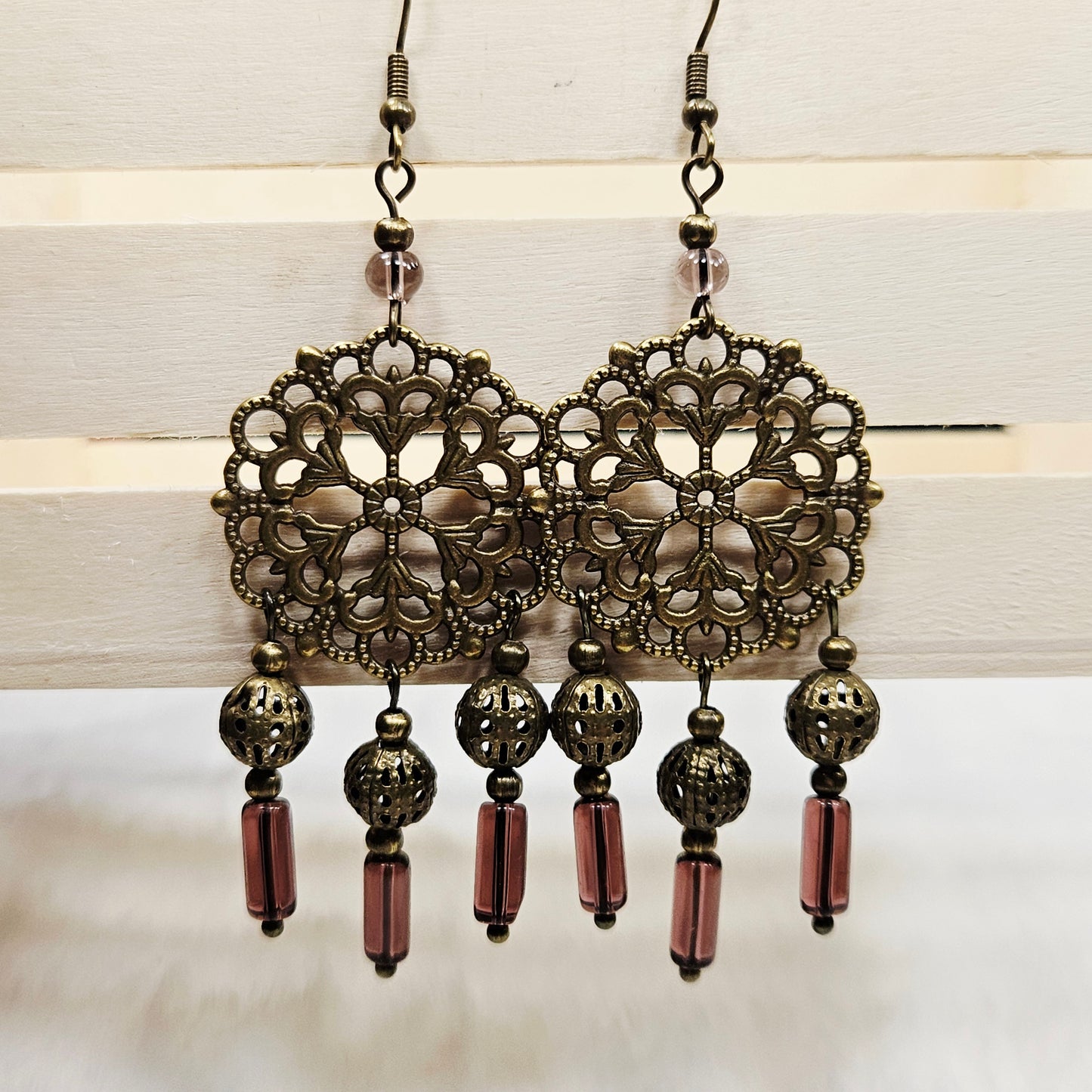 Round Antique Brass Tibetan Filigree Rhombus Chandelier Earrings with Smokey Purple Dangles
