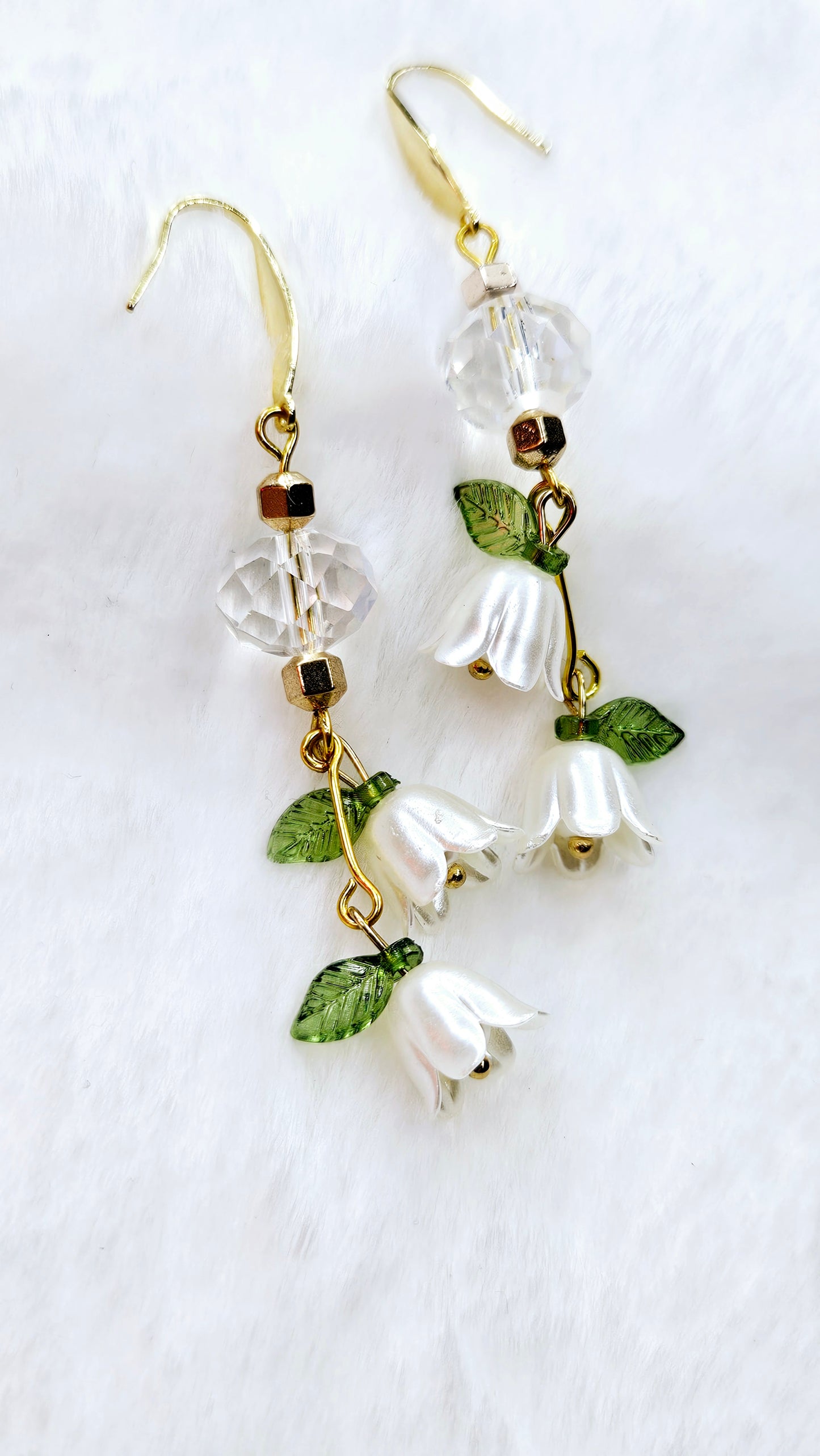 Beloved White Bellflowers with Iridescent Crystal Dangle Earrings