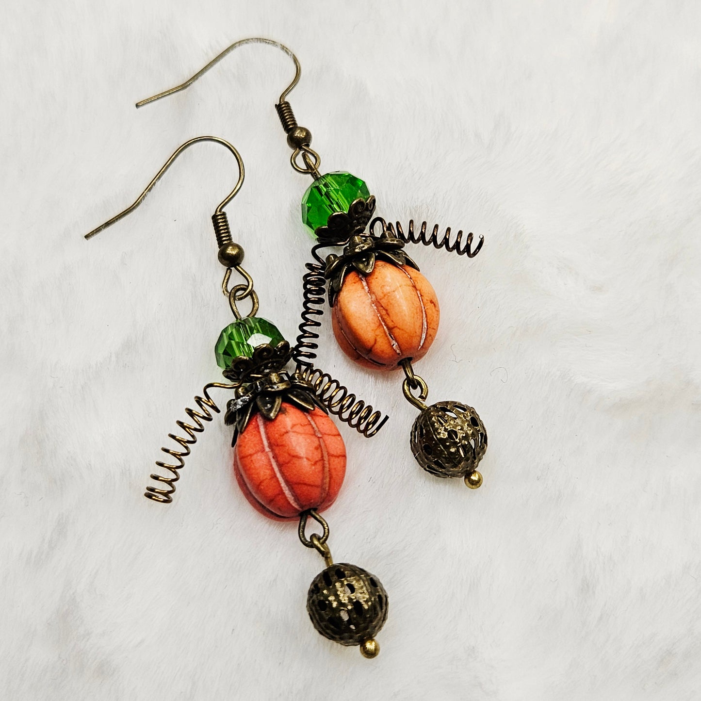Orange "Pumpkin Men" Earrings with Hollow Brass Dangles