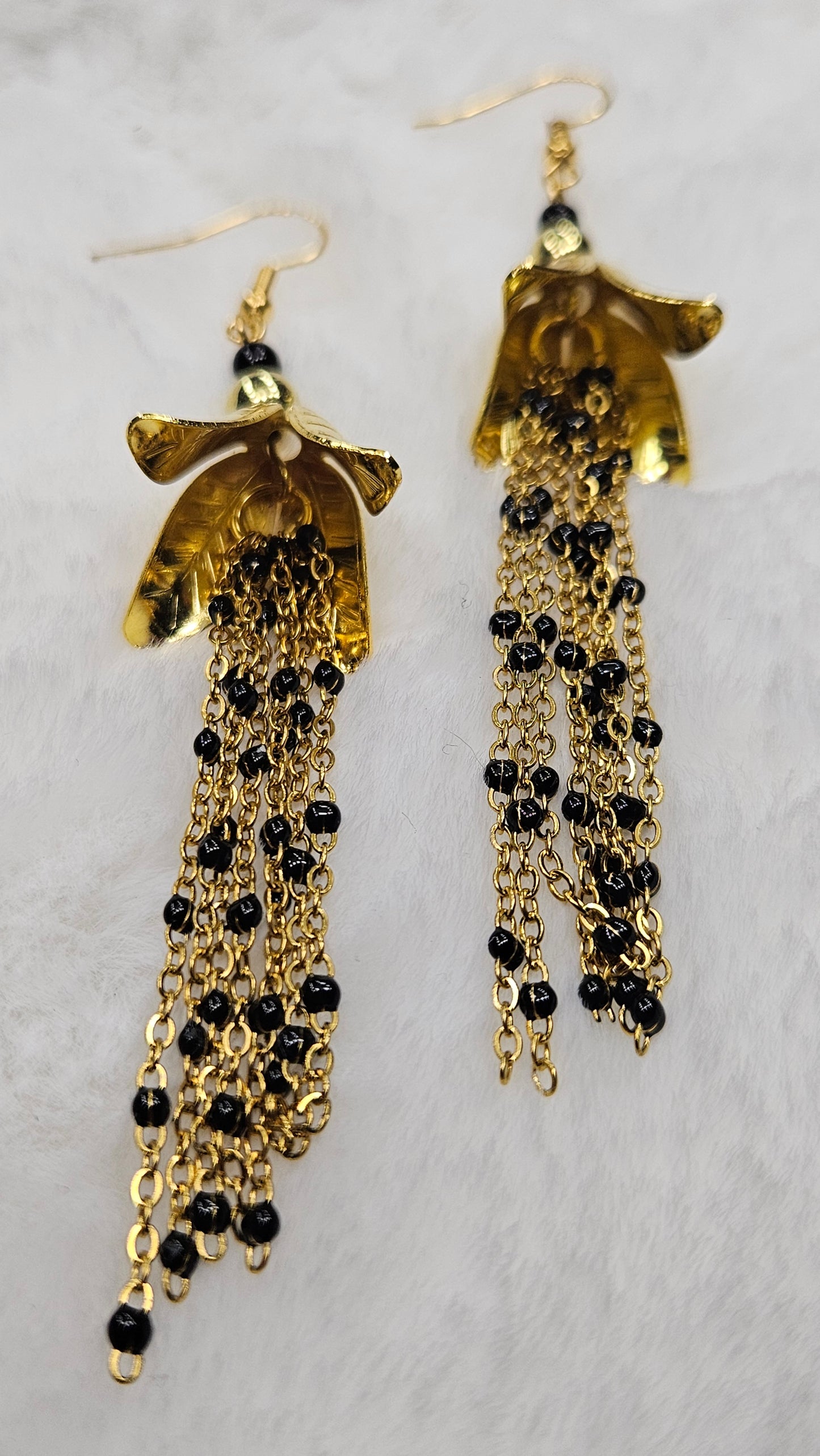 Golden Leaf Blossom Earrings with Long Gold & Black Chain Tassels
