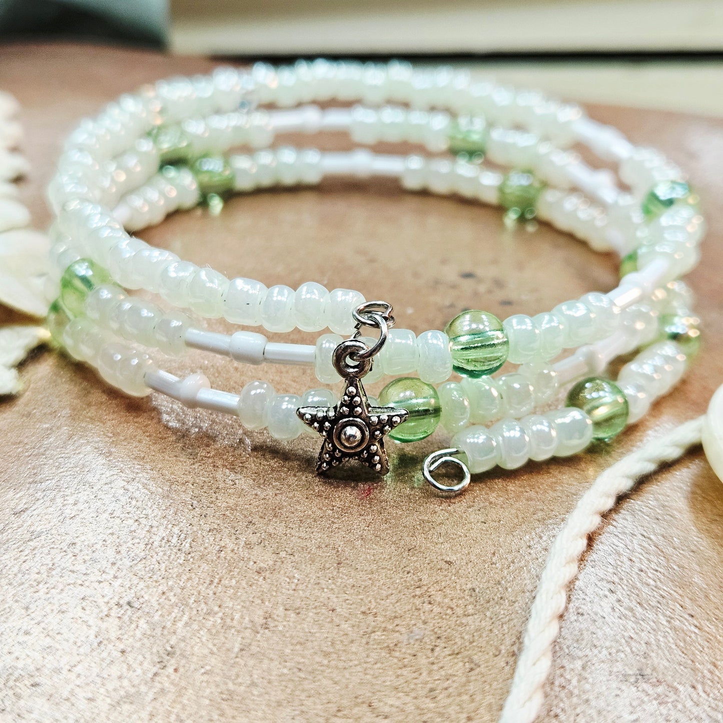 Green Dream Seed Bead Wrap Bracelet with Star Charm