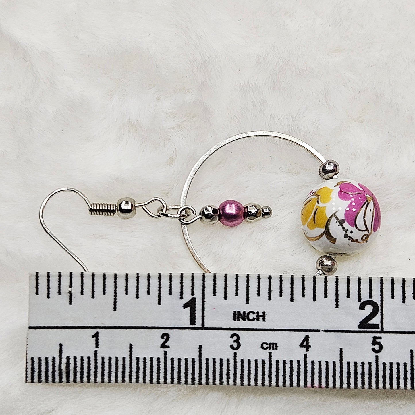 Pink Floral Ceramic on Silver Hoop Dangles