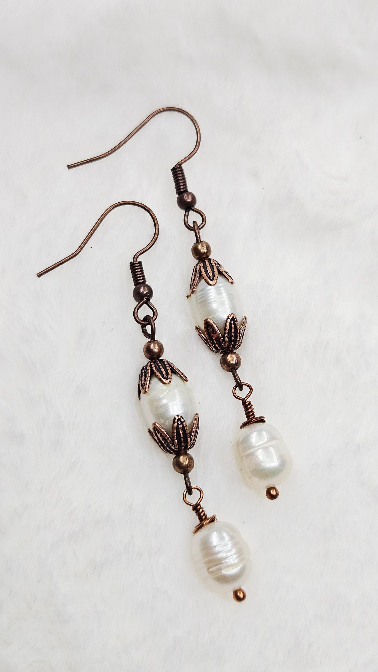Antique Copper Leaf Cap Dangle Earrings with Freshwater Pearls