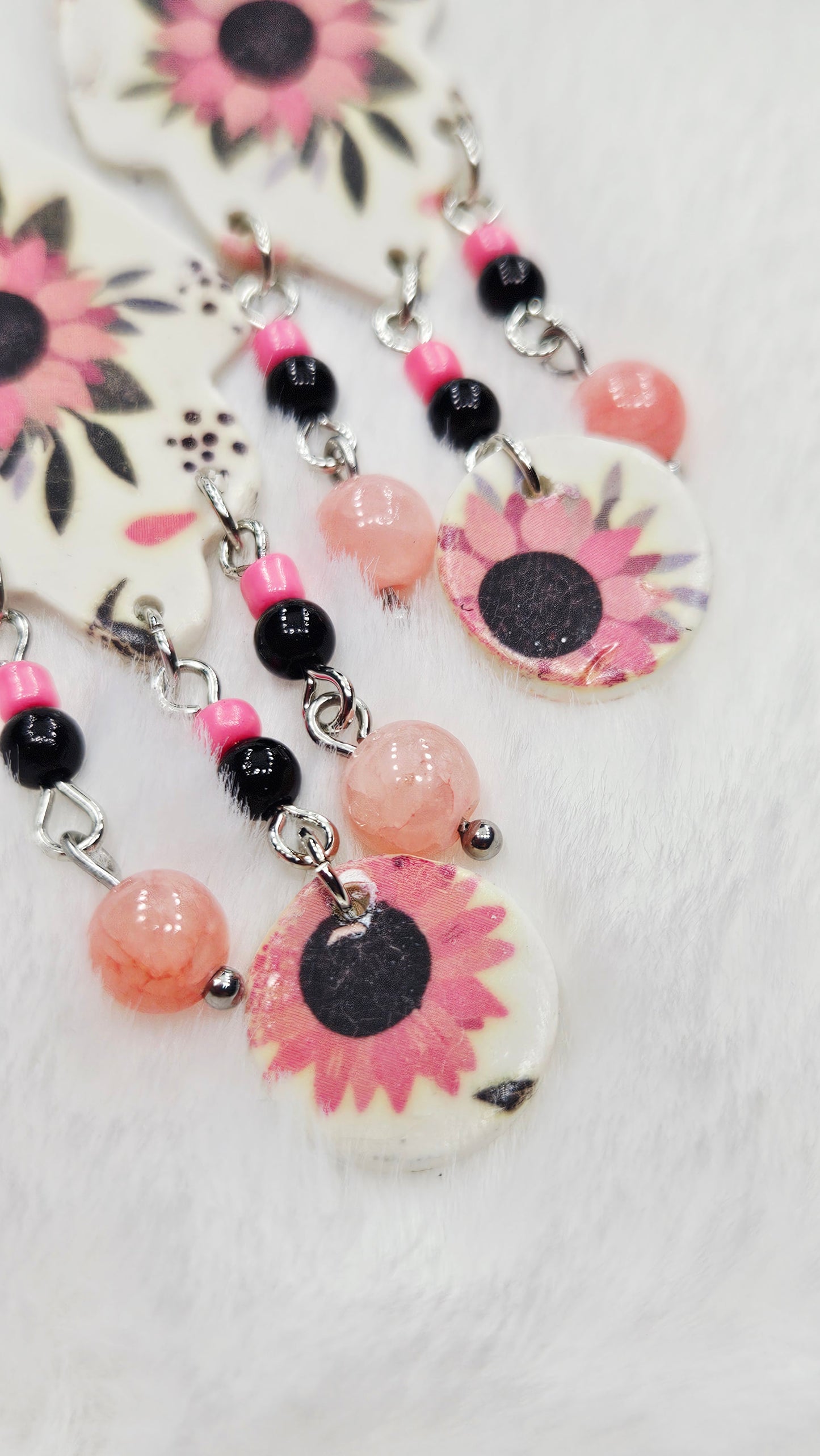 Vintage Pink Floral Print Polymer Clay Chandelier Earrings with Pink & Black Dangles - 3"