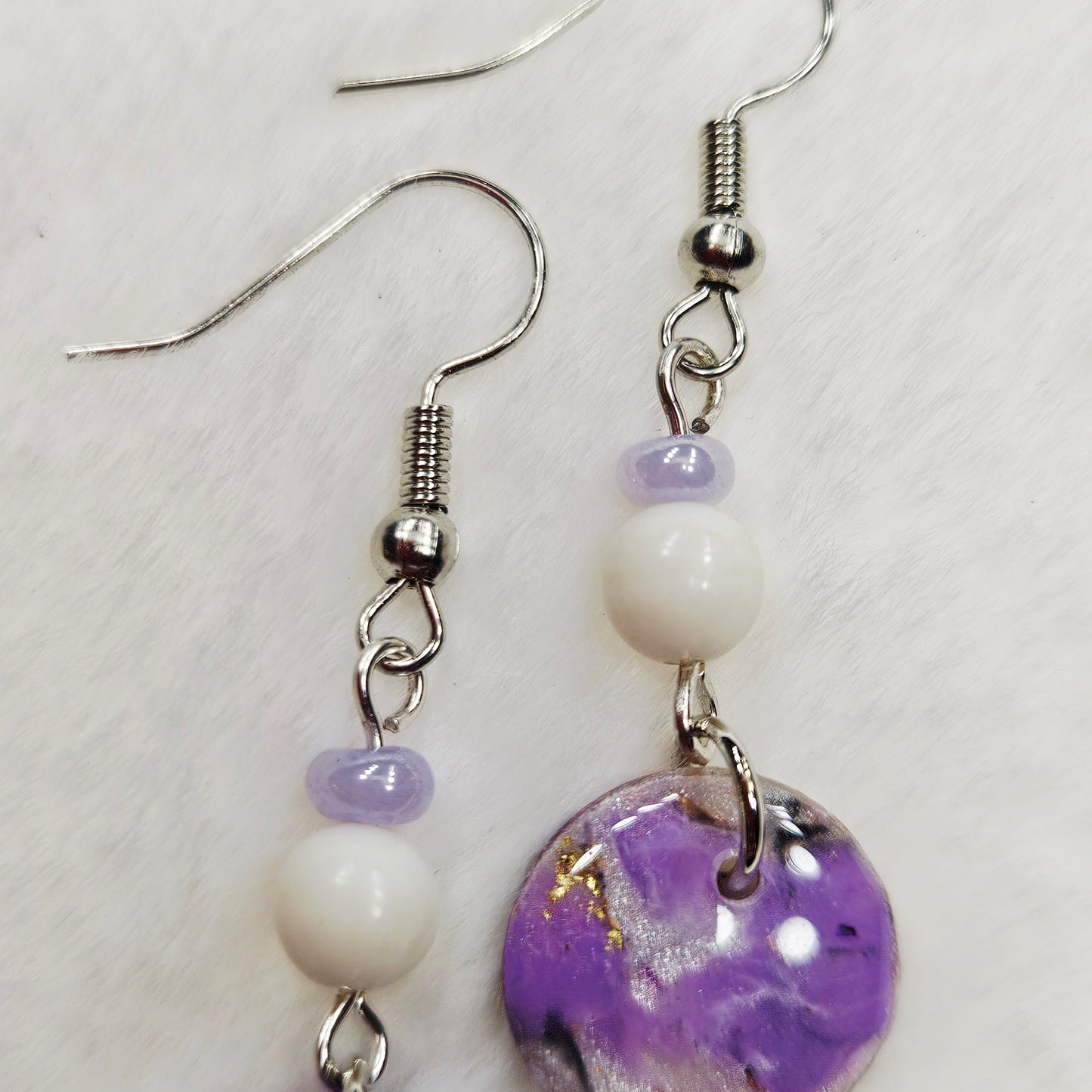 Purple Polymer Clay Marble with Gold Fleck Dangle Earrings in Gold or Silver