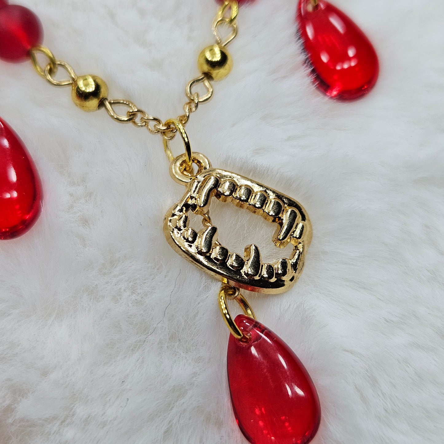 Taste for Blood Vampire Fang Necklace and Earrings with Red Glass Blood Drops Set in Gold