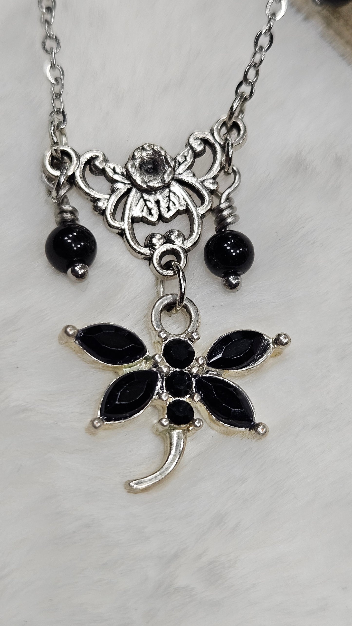 Vintage Filigree Set - Black Crystal Dragonfly and Silver Filigree Pendant Necklace with Earrings