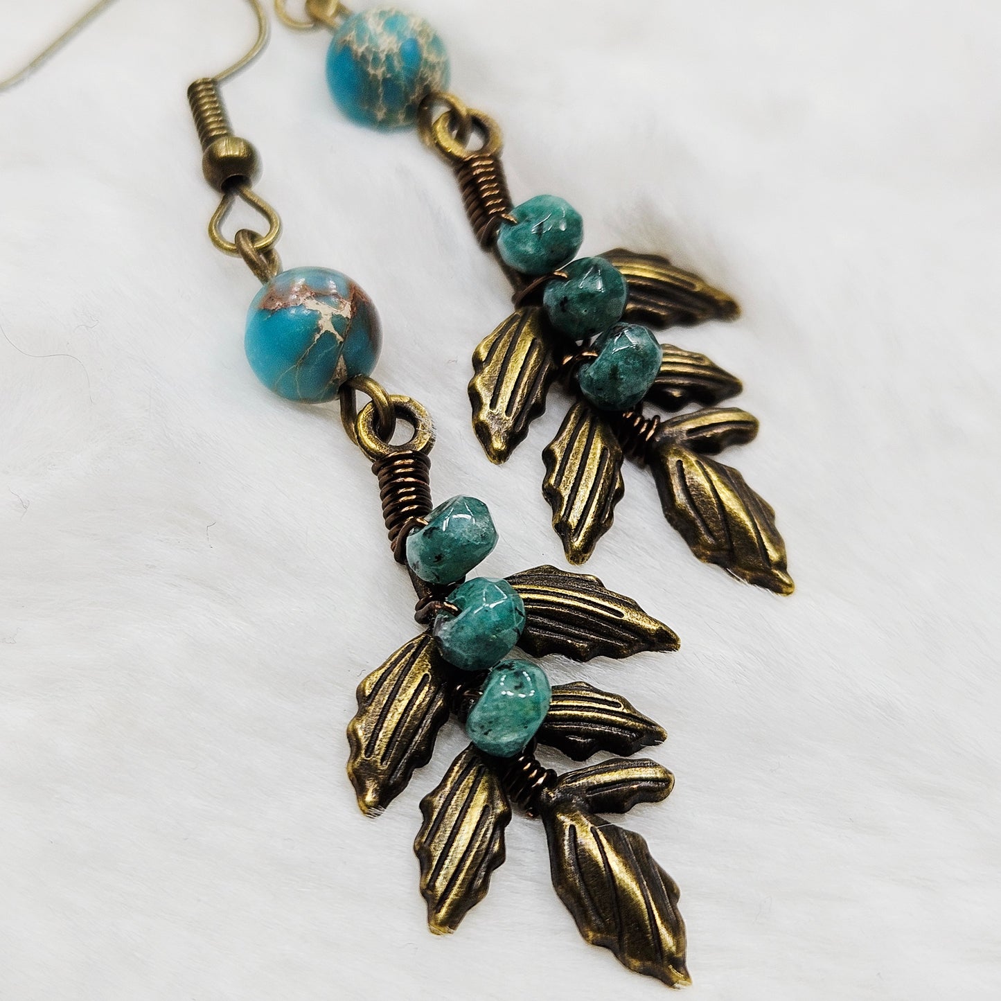 Blue Dalmation Jasper and Imperial Jasper Antiqued Brass Branch Dangles