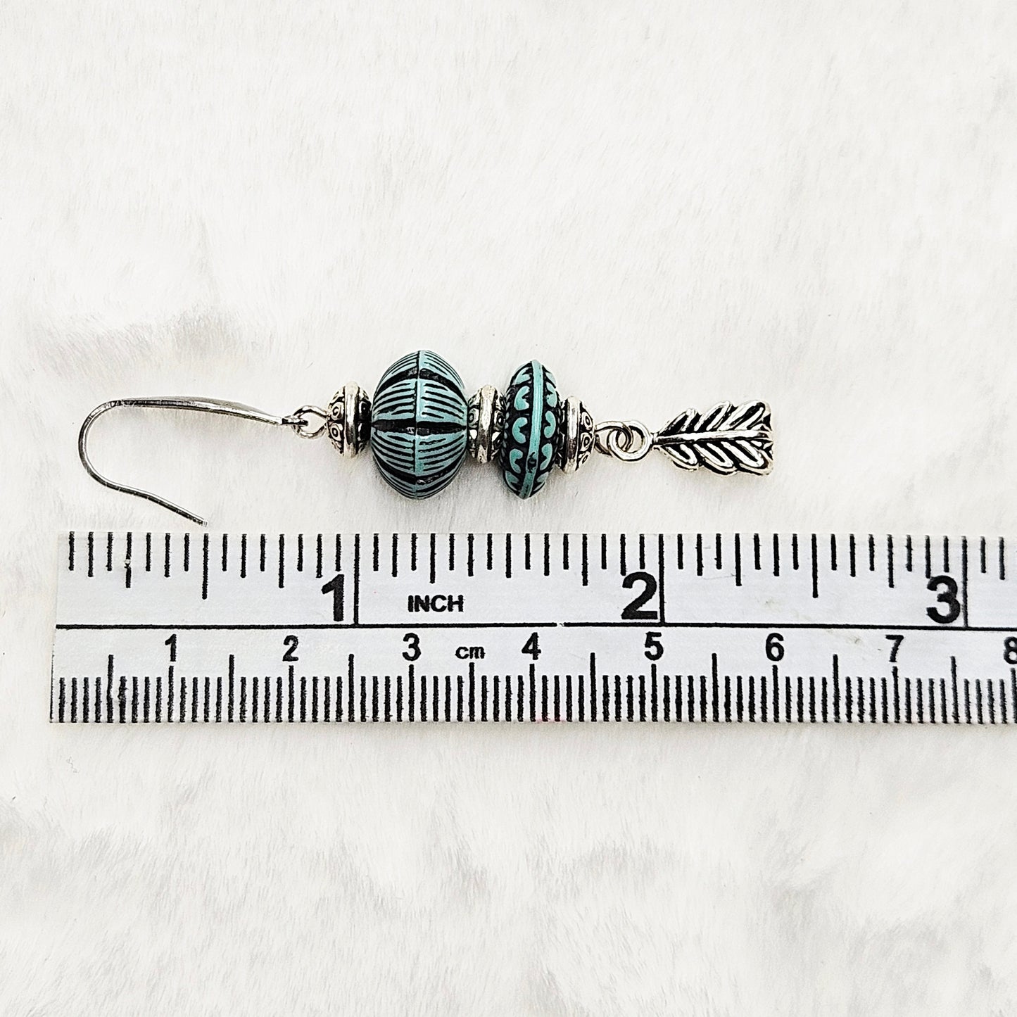 Western Style Vintage Turquoise and Silver Dangle Earrings with Feather Charms