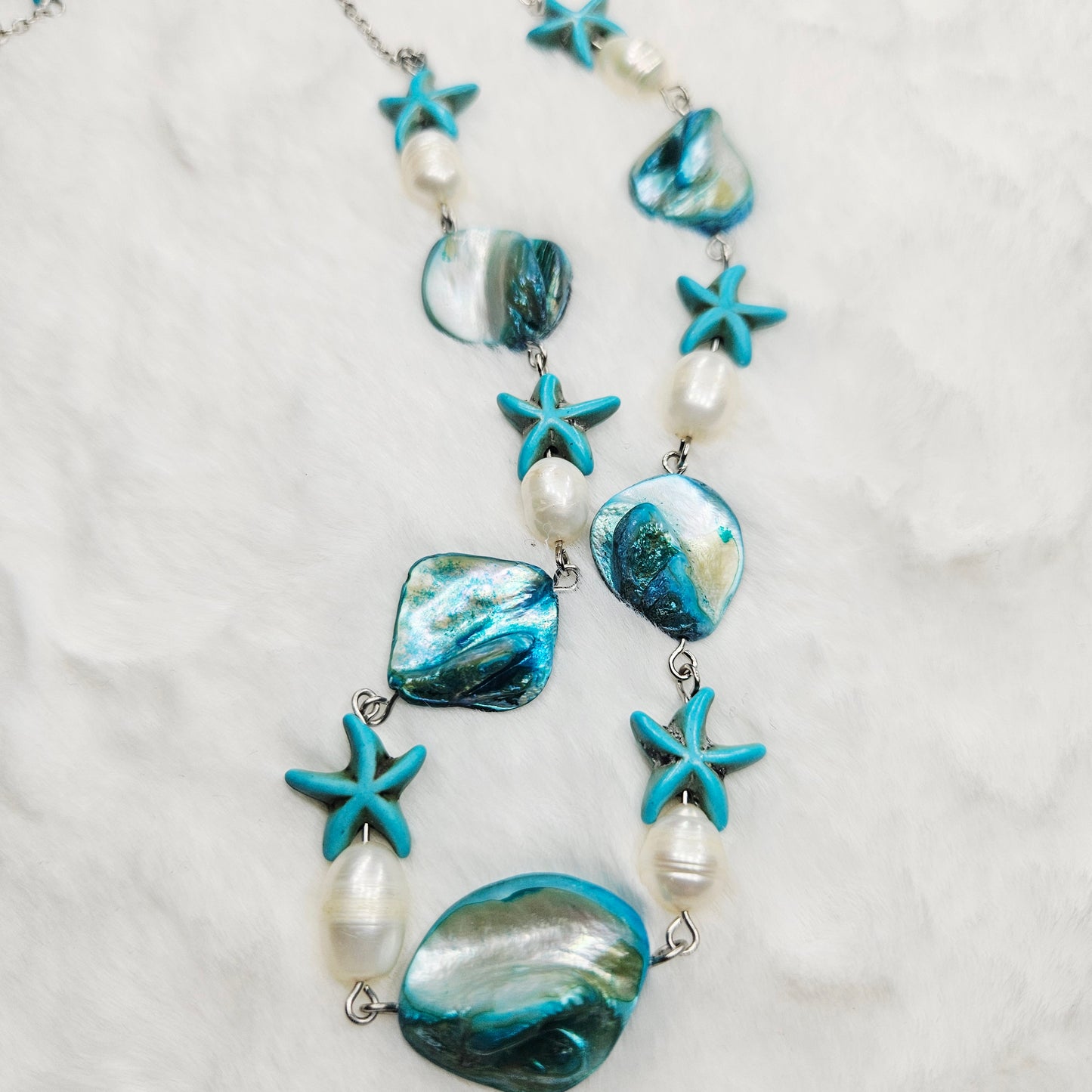 Turquoise Starfish Mother of Pearl Shells and Freshwater Pearl Necklace