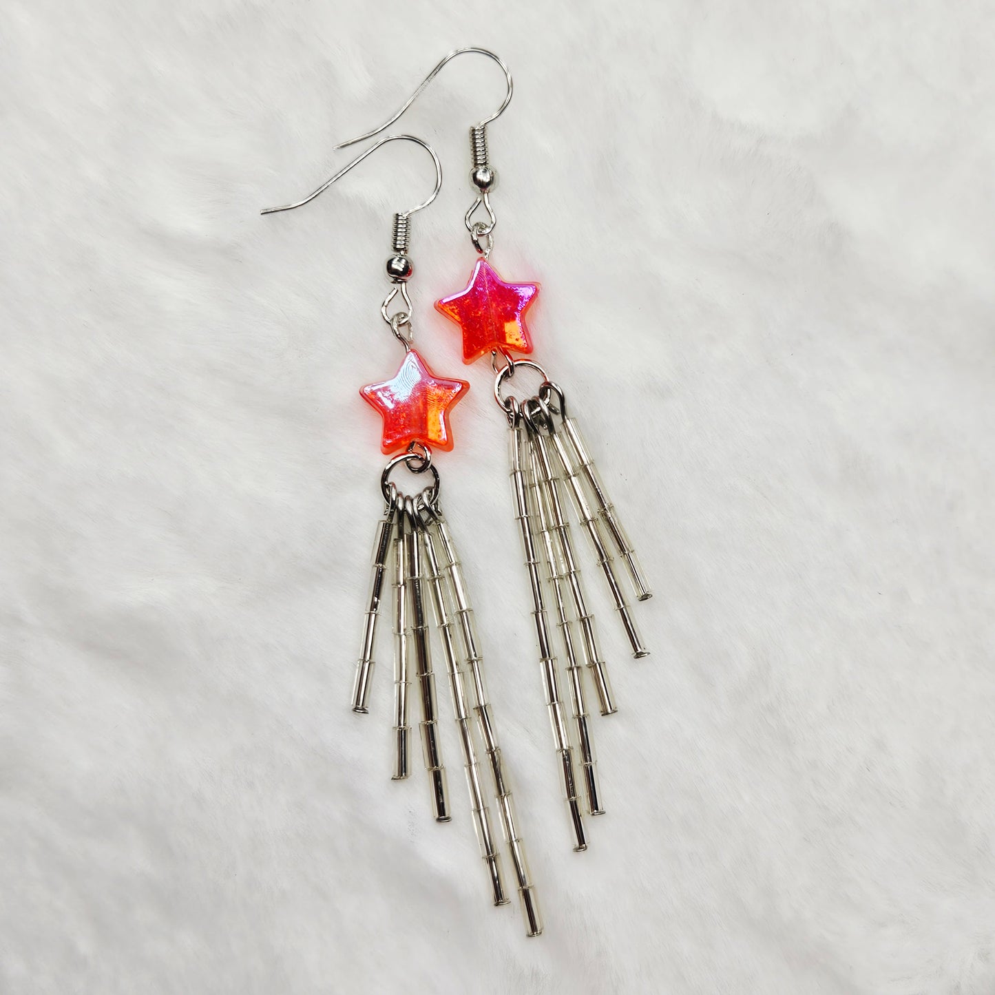 Long Shiny Reddish Pink Shooting Star Earrings