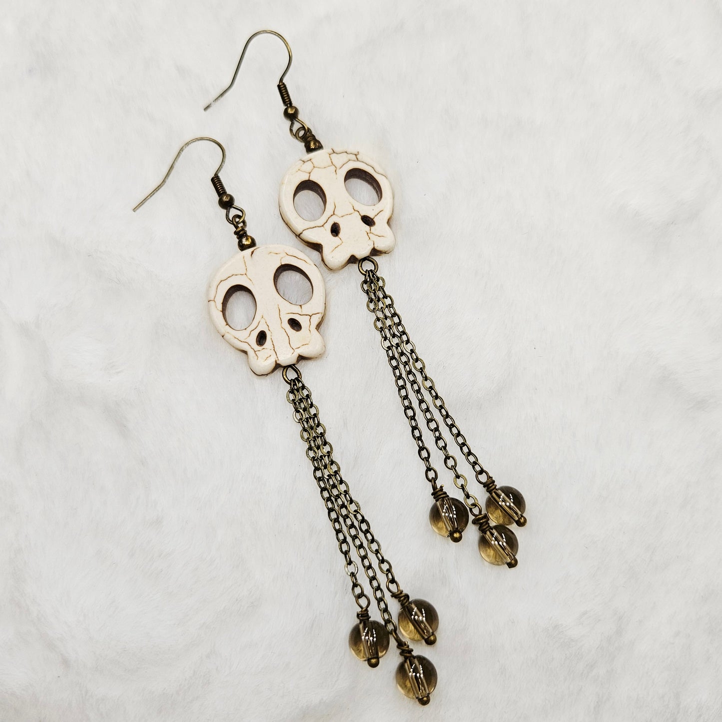 Long Howlite Skull and Chain Earrings with Smokey Brown Glass Dangles in Brass or Silver