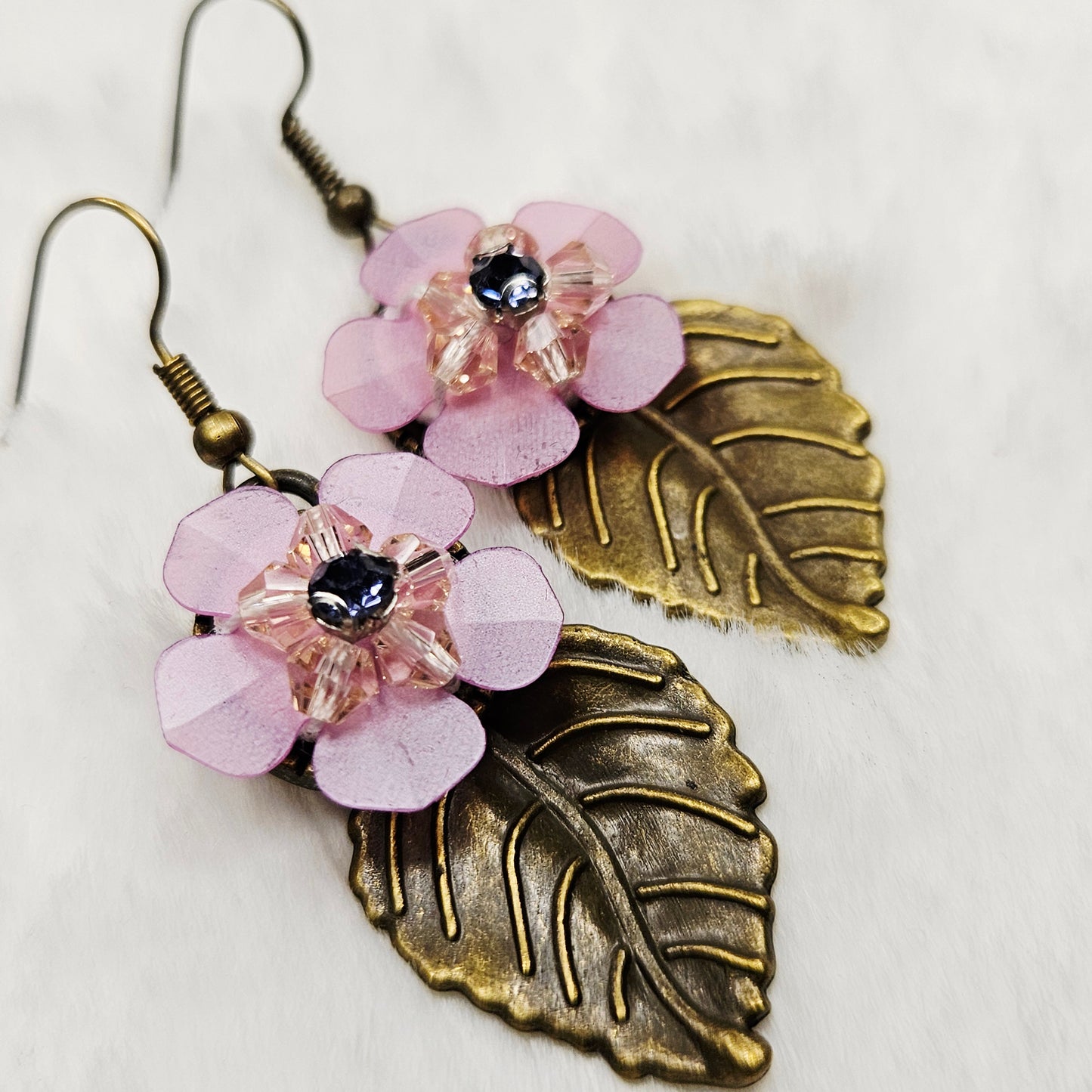 Brass Leaf Earrings with Light Pink Flowers
