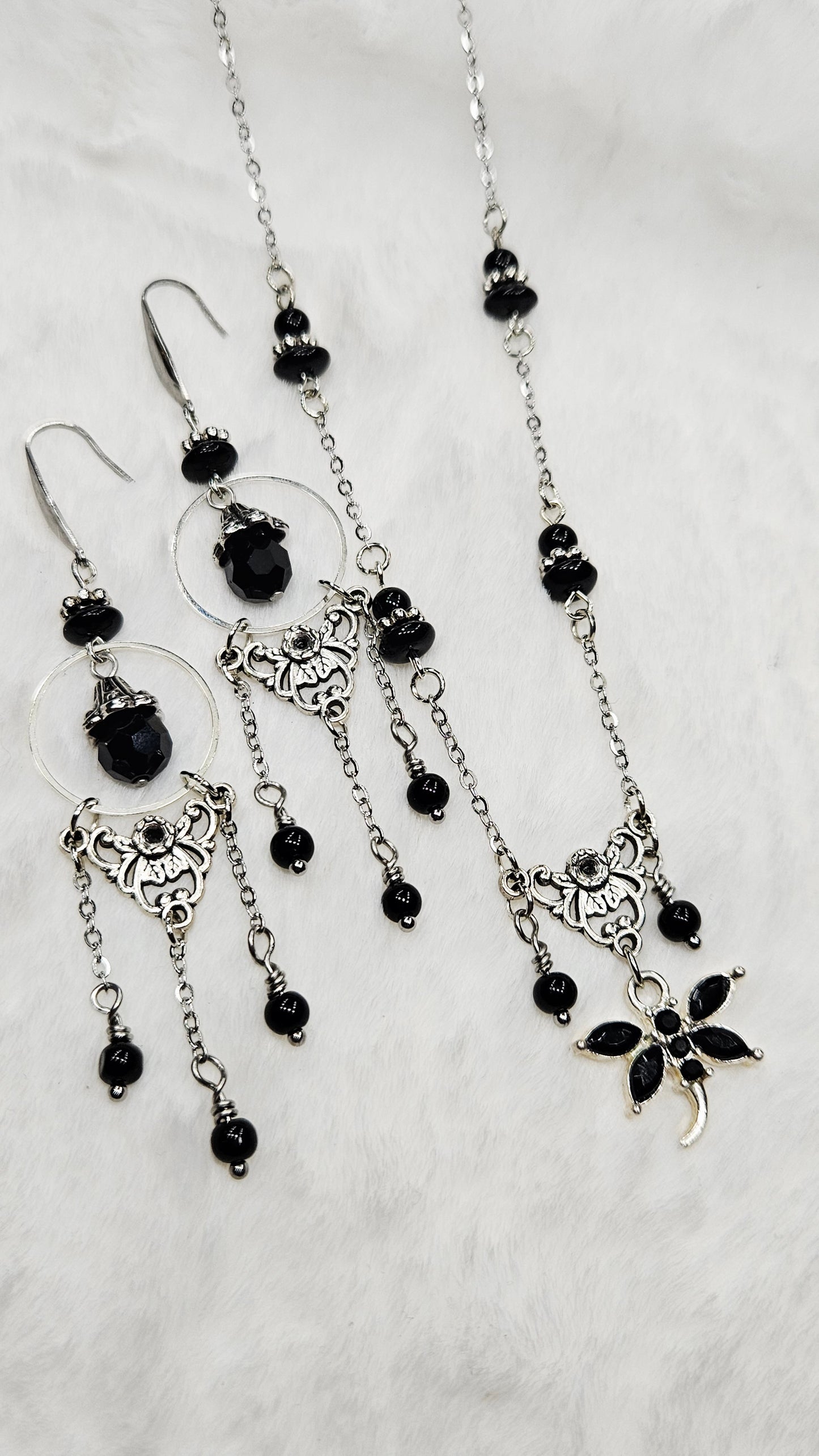 Vintage Filigree Set - Black Crystal Dragonfly and Silver Filigree Pendant Necklace with Earrings