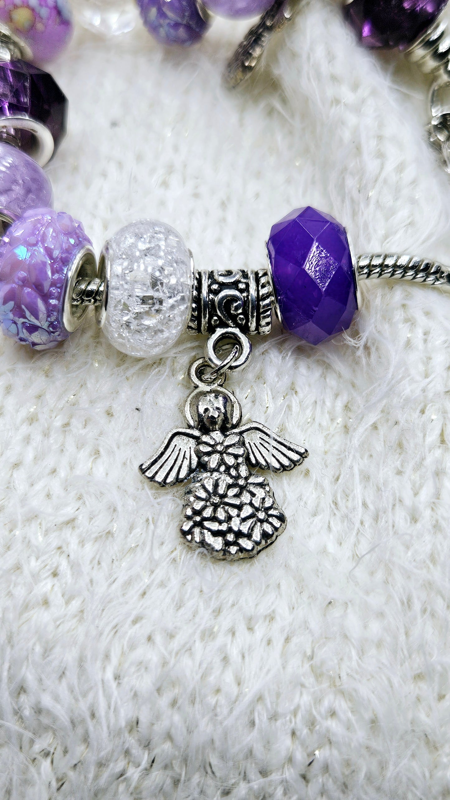 Precious Purple & Silver Angels & Cross Charm Bracelet