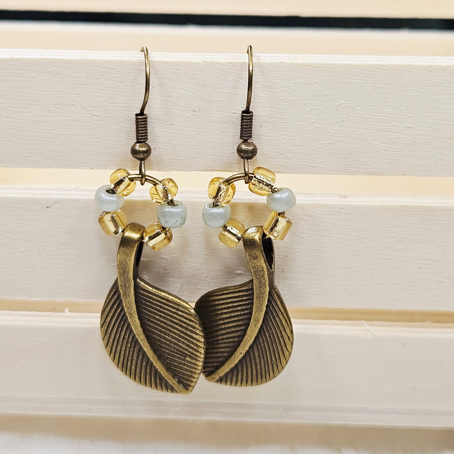 Golden Yellow and Pale Green Leaf Dangle Earrings