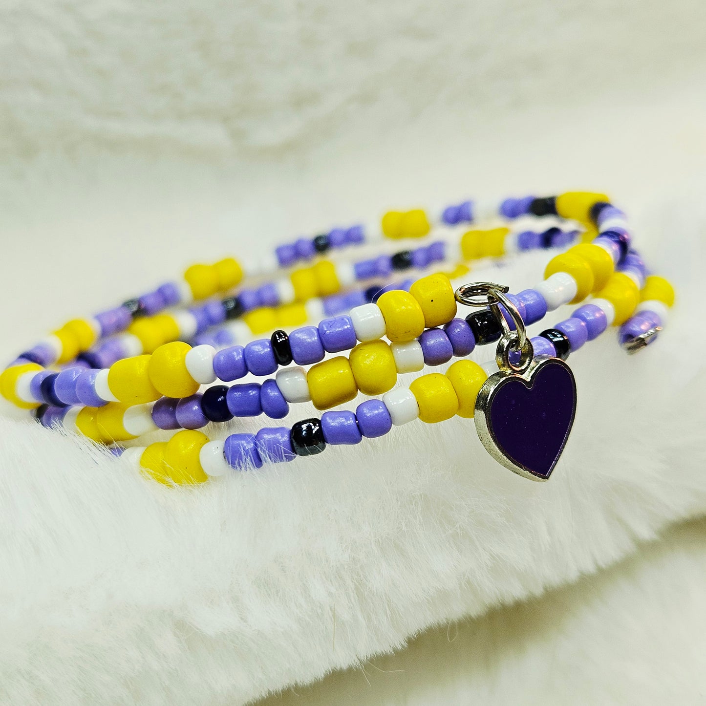 Playful Purple and Yellow Seed Bead Wrap Bracelet with Purple Heart Charm