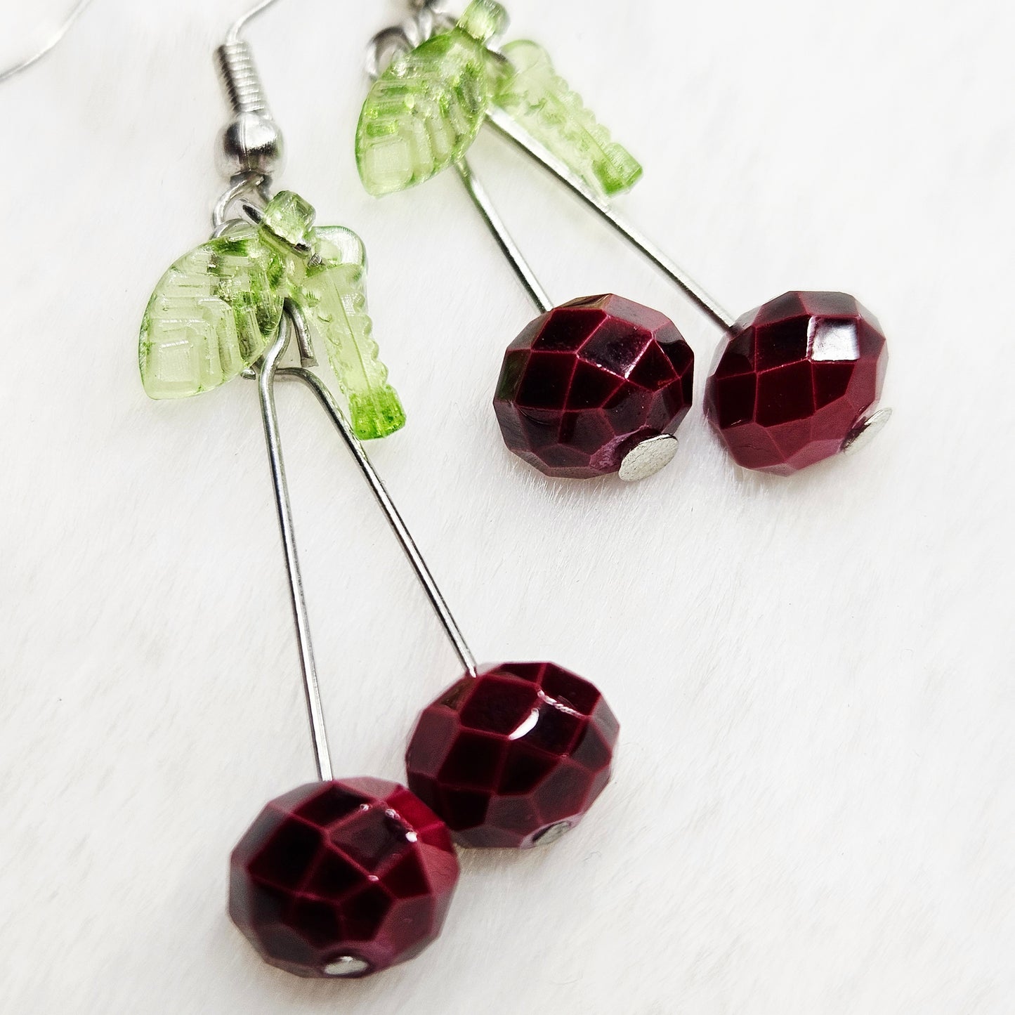 Razzle-Dazzle Red Cherry Drop Dangle Earrings with Green Leaves - 2"