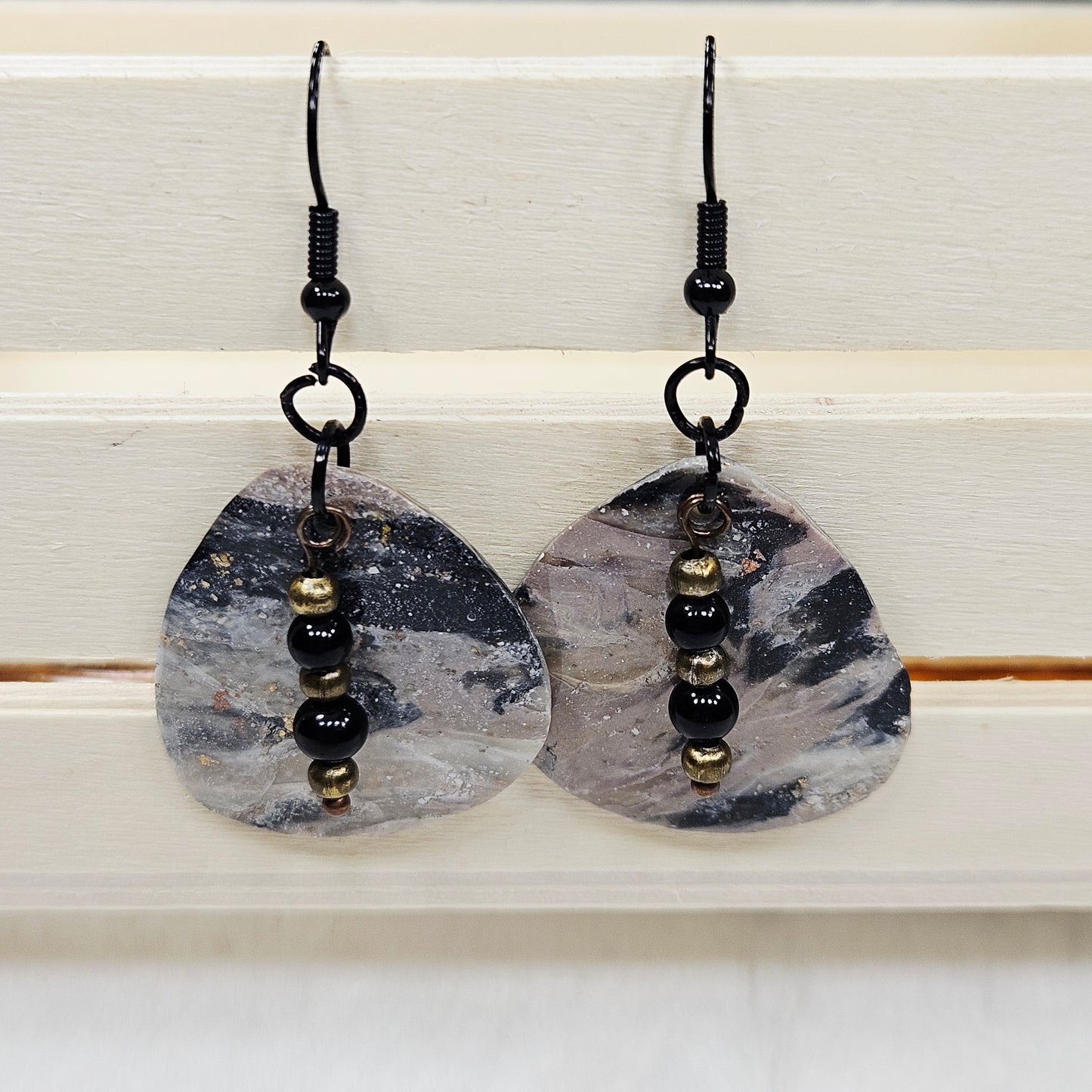 Black and Brown Gold Flake Marble Polymer Clay Earrings with Black Bead Dangles