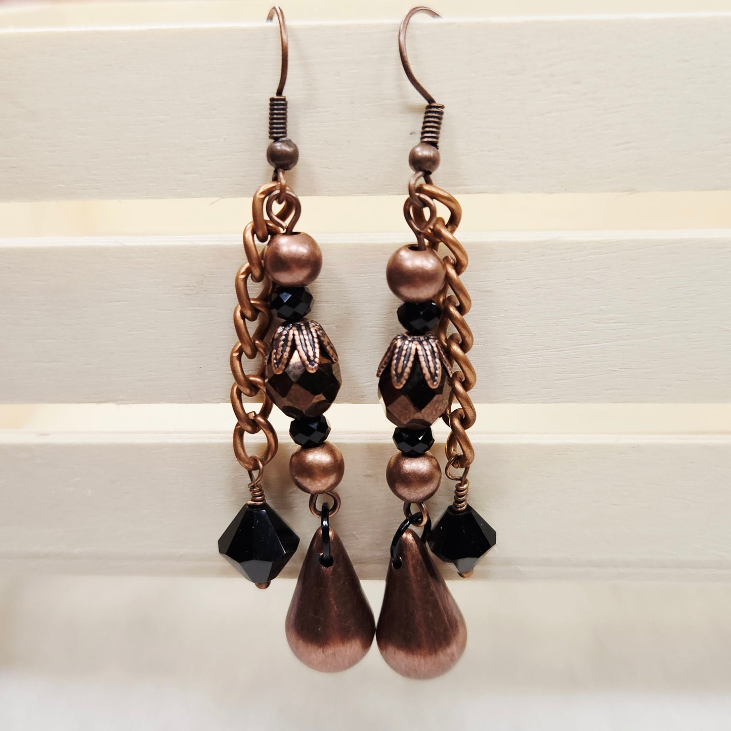 Antiqued Copper Chain Earrings with Black and Bronze Crystals