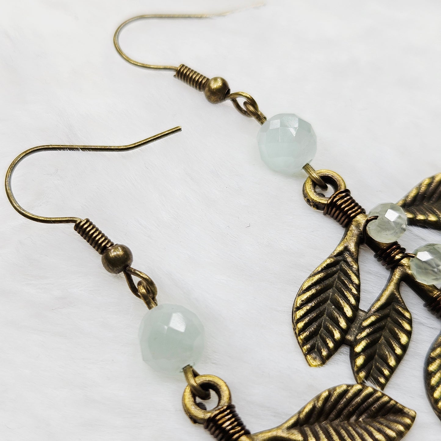 Green Aquamarine and Prehnite Crystal Antiqued Brass Branch Dangles