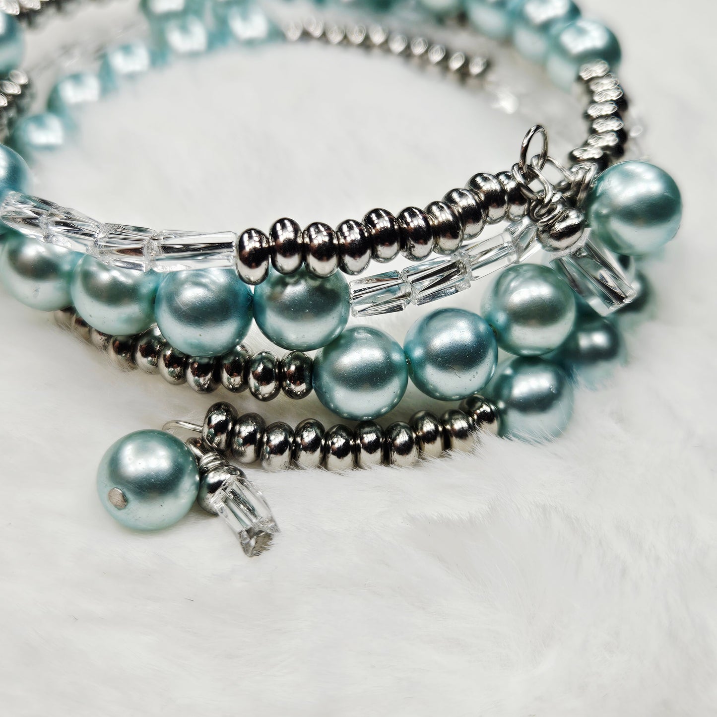 Cool Blue Pearl Wrap Bracelet and Earrings Set