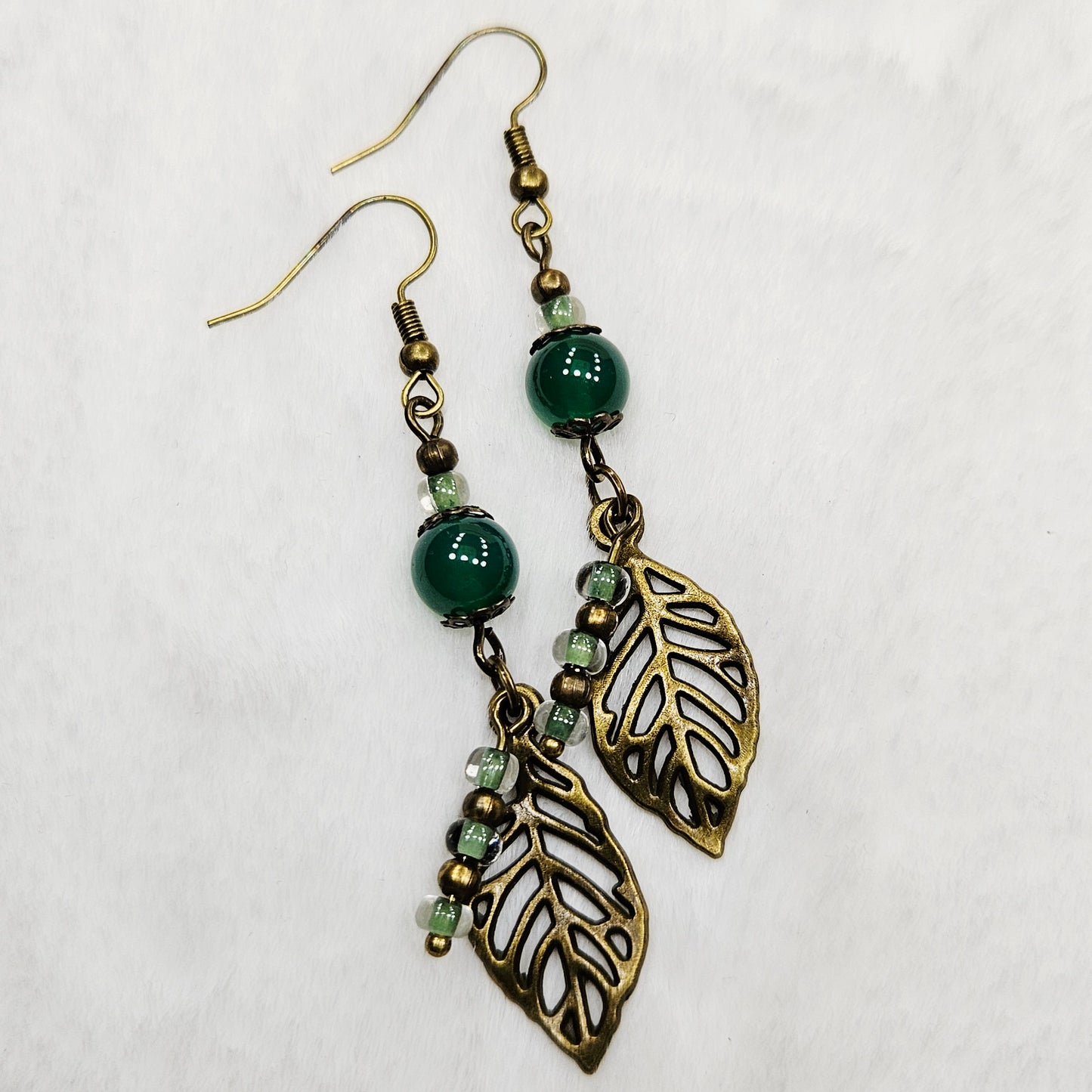 Rustic Antiqued Brass Leaf Earrings with Green Glass