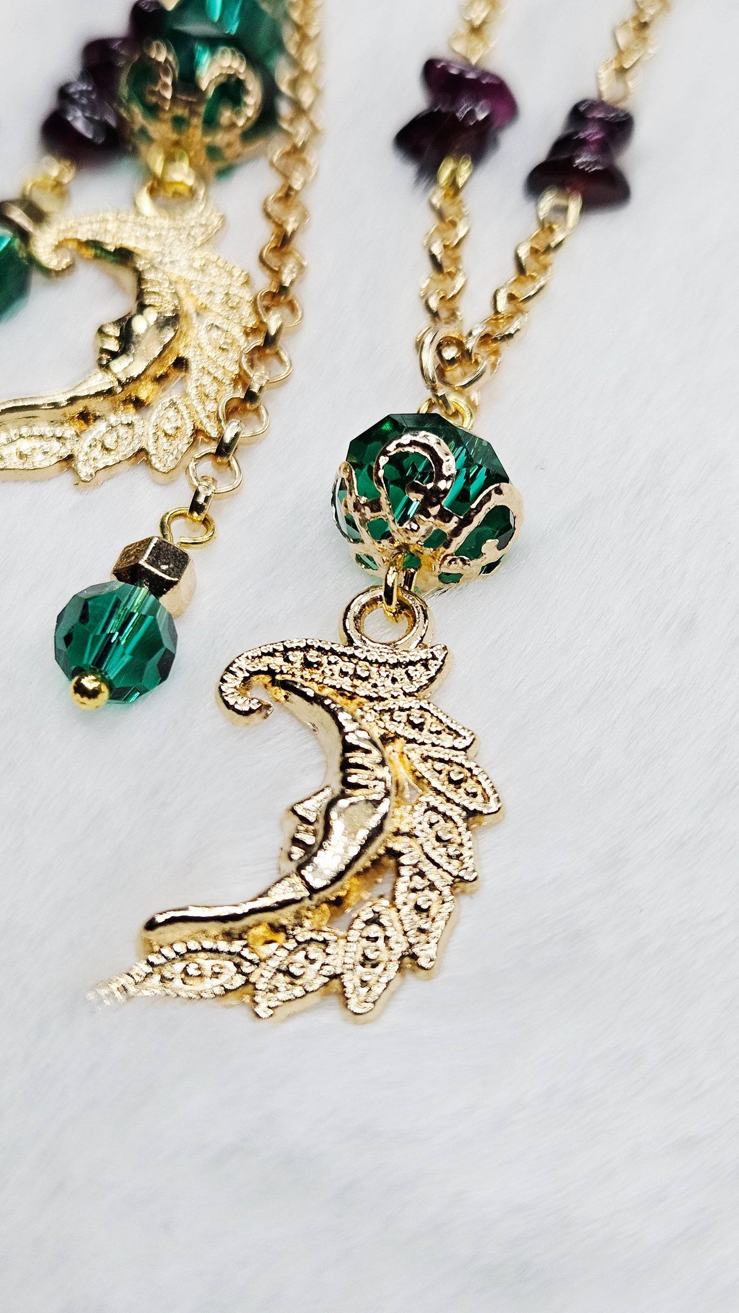 Golden Paisley Moon Pendant Necklace and Earrings with Emerald Austrian Crystals and Amethyst Chips
