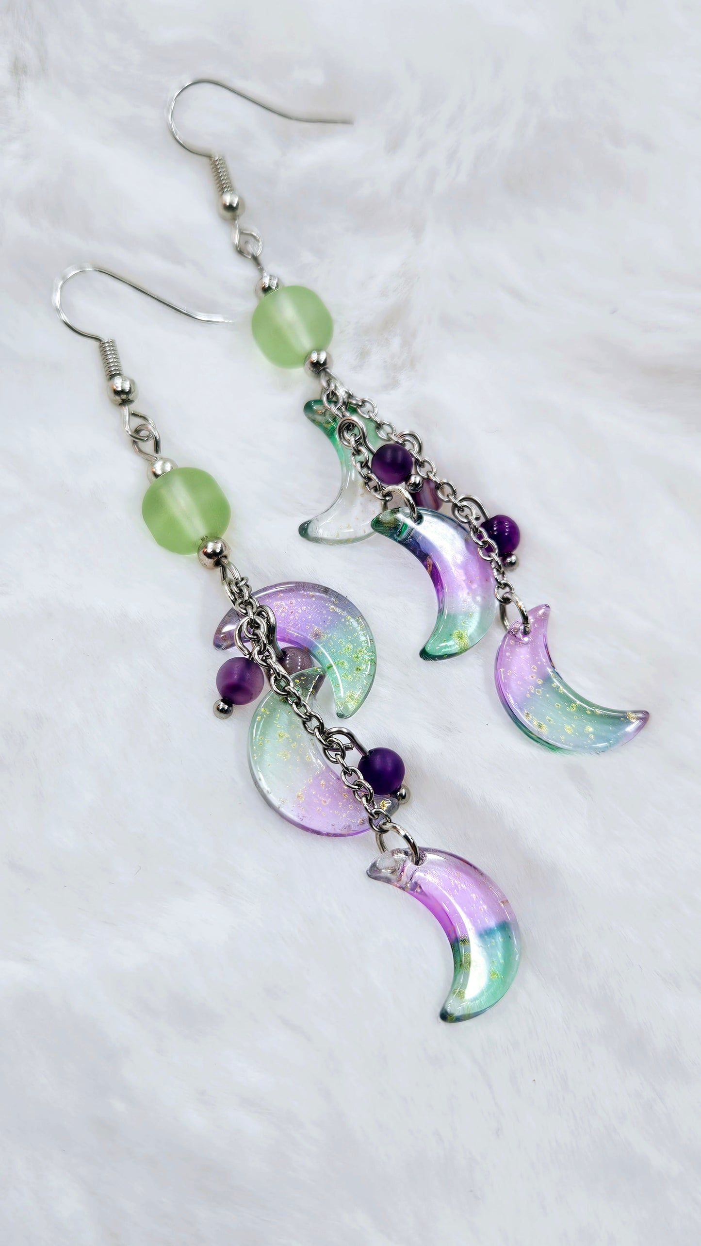 Mystical Moons Jade Green & Purple with Gold Fleck on Silver Chain Cluster Dangle Earrings