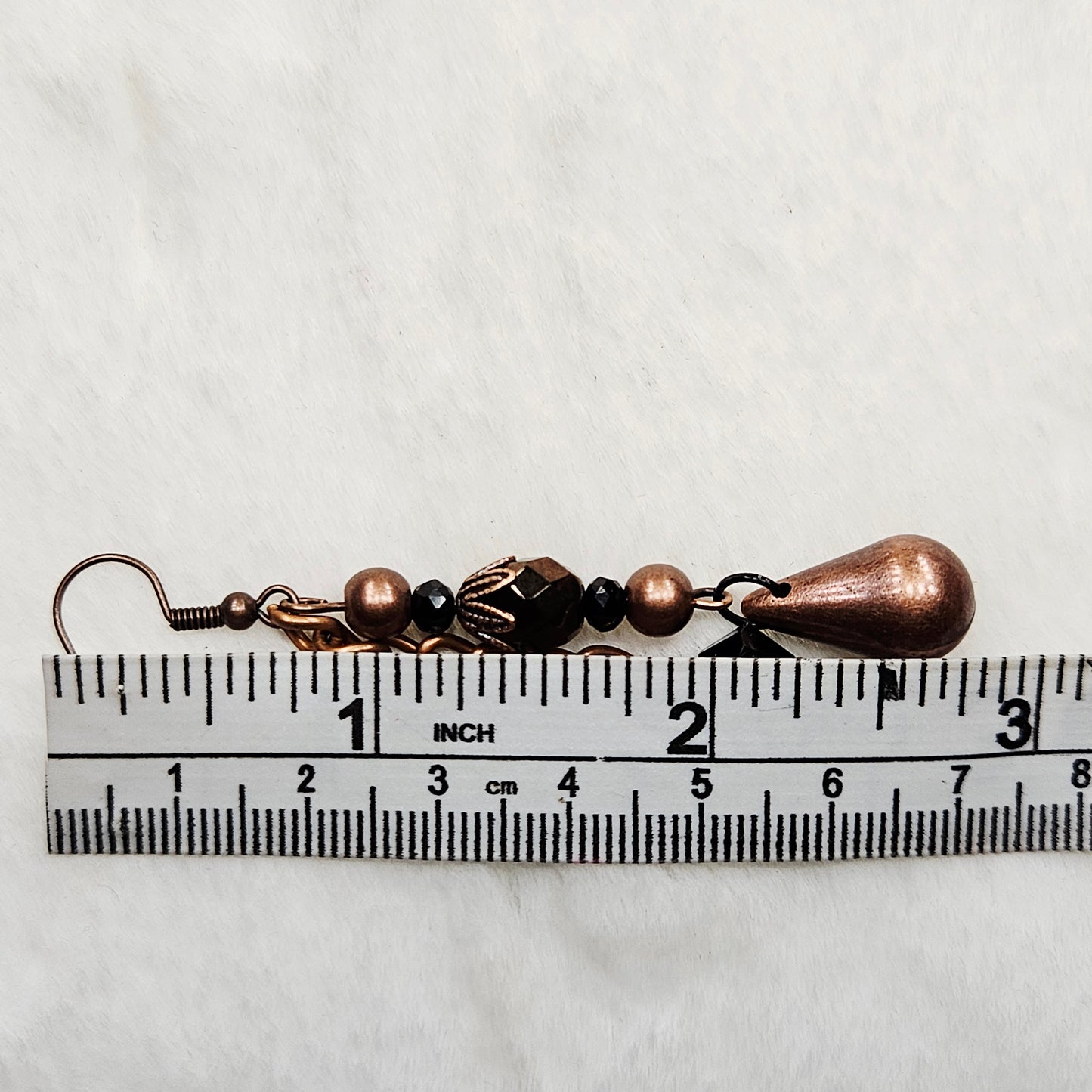 Antiqued Copper Chain Earrings with Black and Bronze Crystals