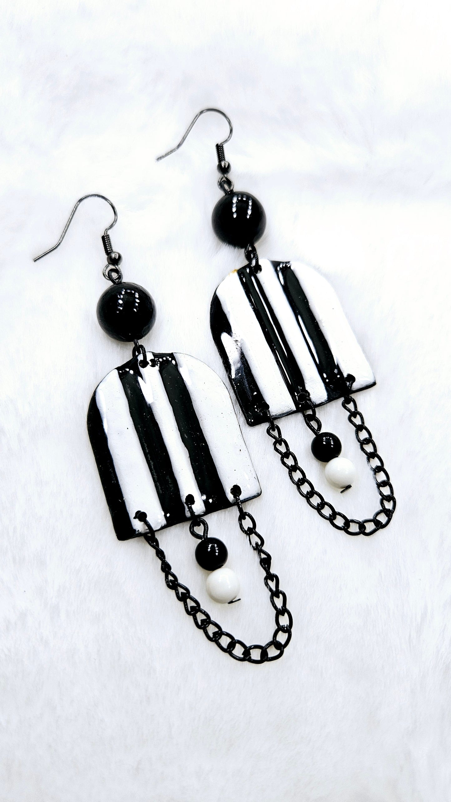 Black & White Clay Arches with Black Chain Dangle Earrings - 3½"