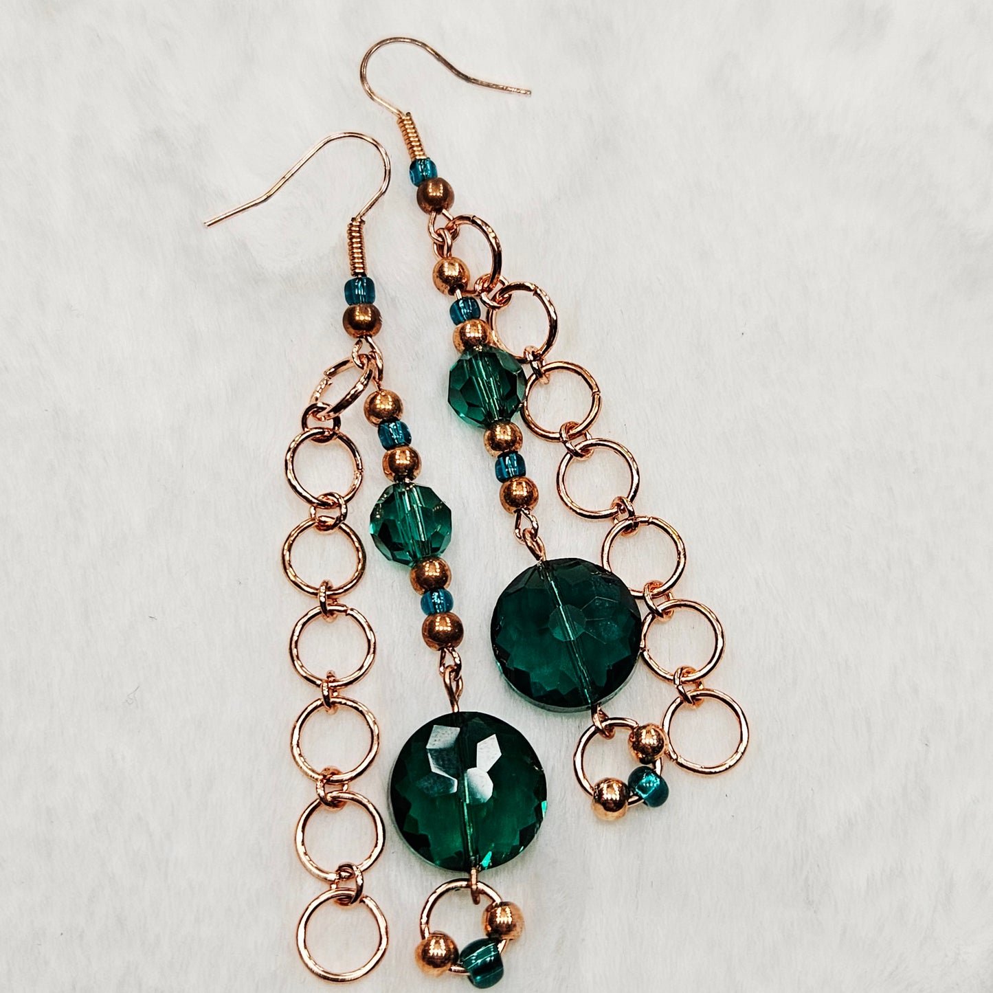 Unique Green Emerald Austrian Crystal and Red Copper Chain Earrings