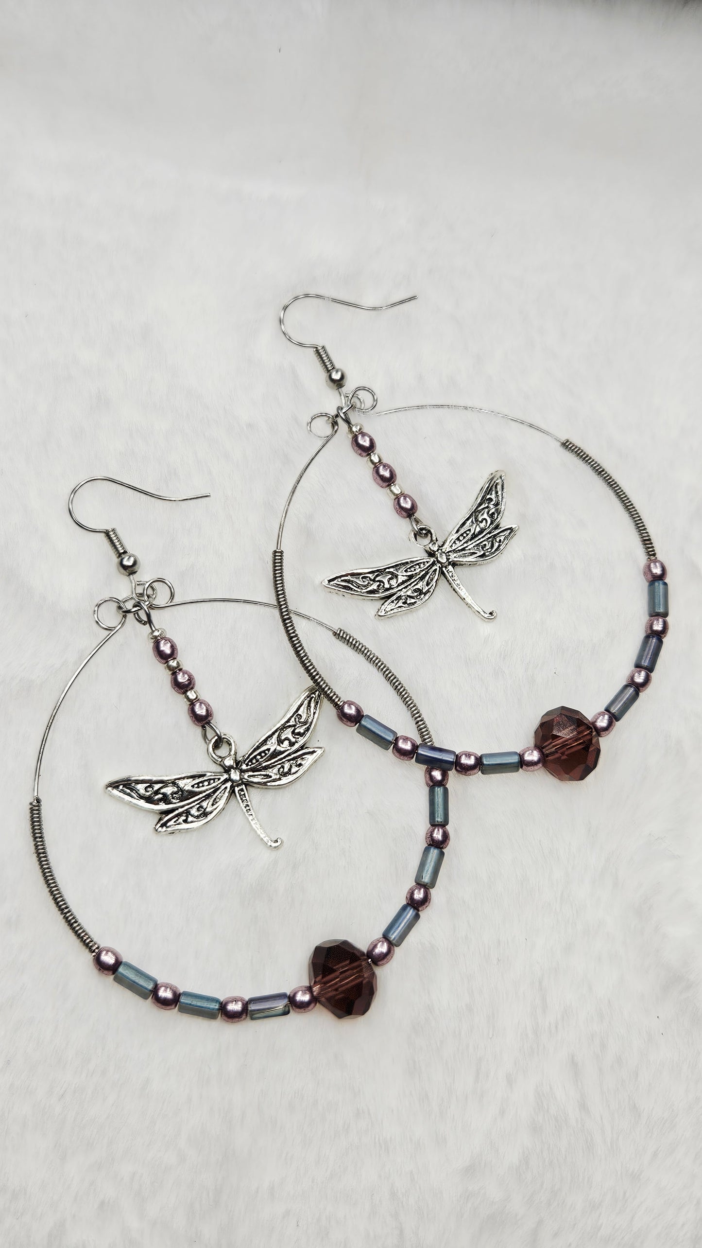 Ornate Silver Dragonflies in Large Silver Wire Wrapped Purple Beaded Hoops Earrings - 3¼"x2½"