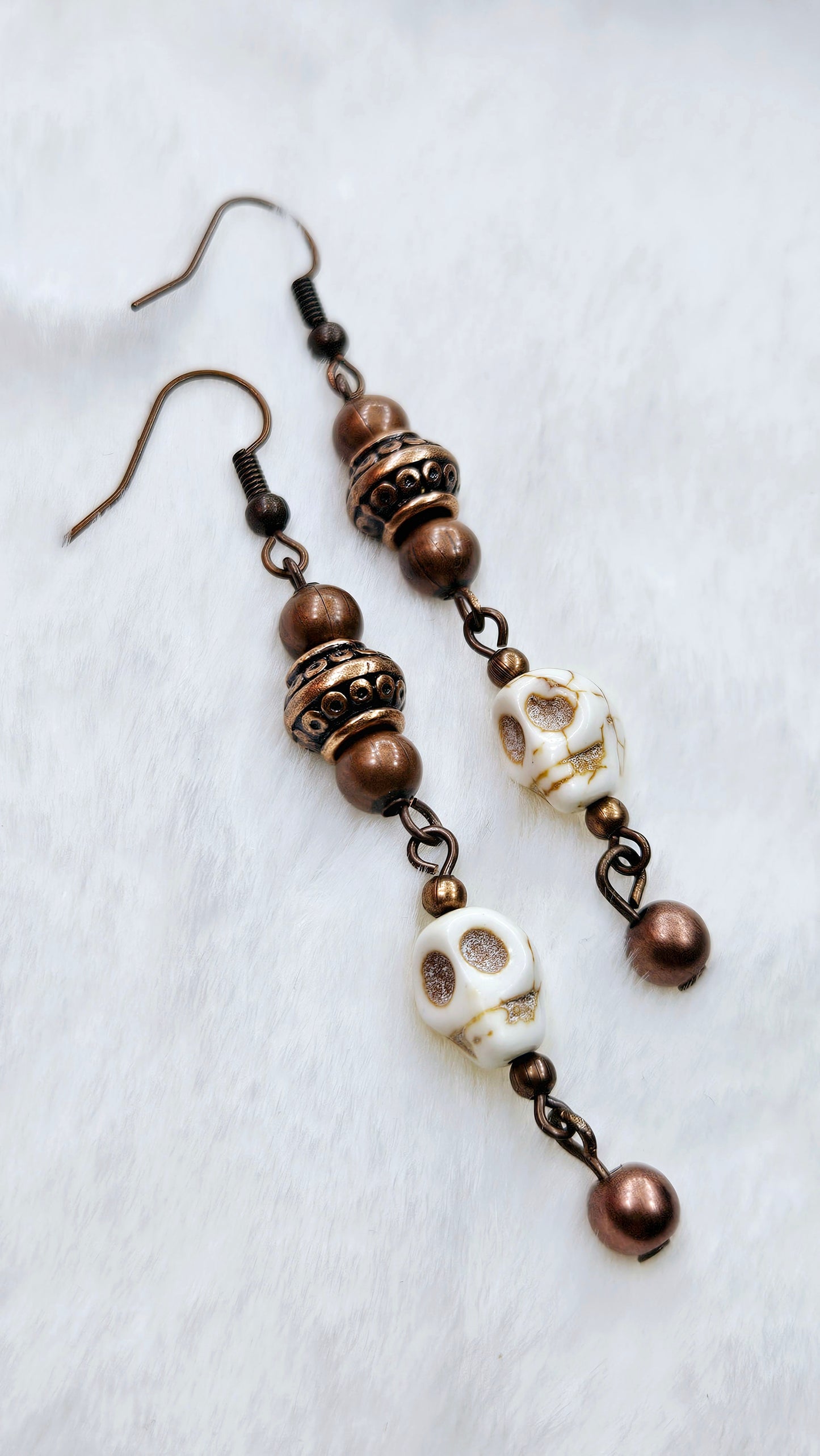 Skulls & Black Copper Set: Howlite Skull Pendant Necklace on Black Copper with Matching Earrings