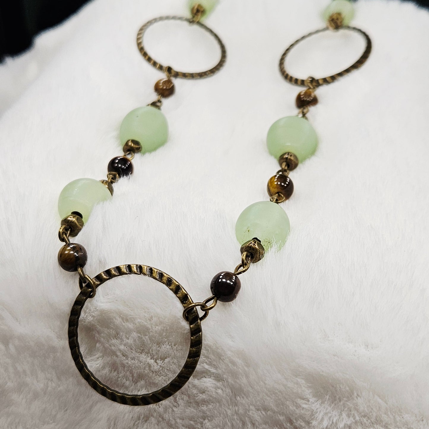 Tigers Eye and Green Frosted Glass Necklace in Antiqued Brass