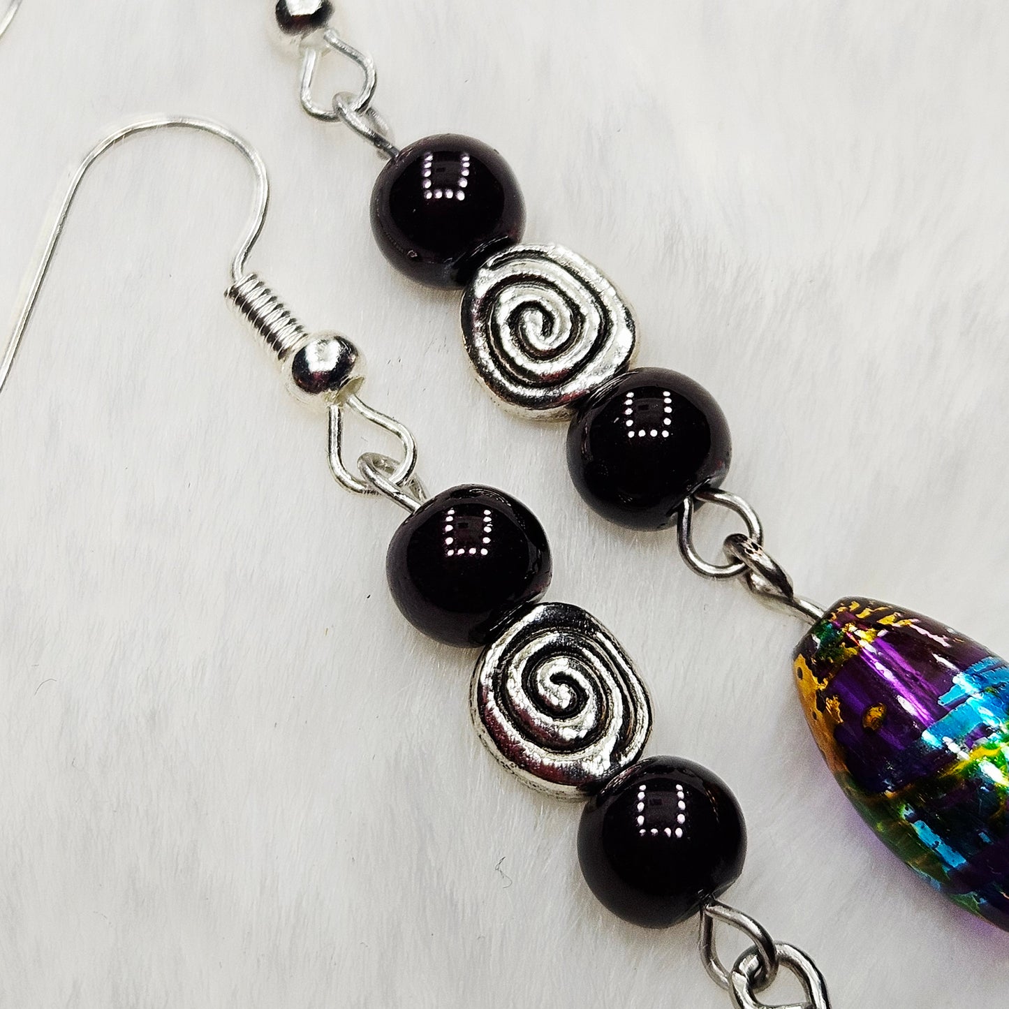 Multicolored Metallic Dangle Earrings with Silver Swirls - 2½"
