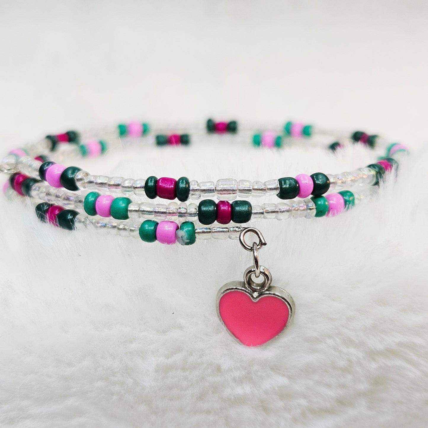 Precious Pink and Green Seed Bead Wrap Bracelet with Pink Heart Charm
