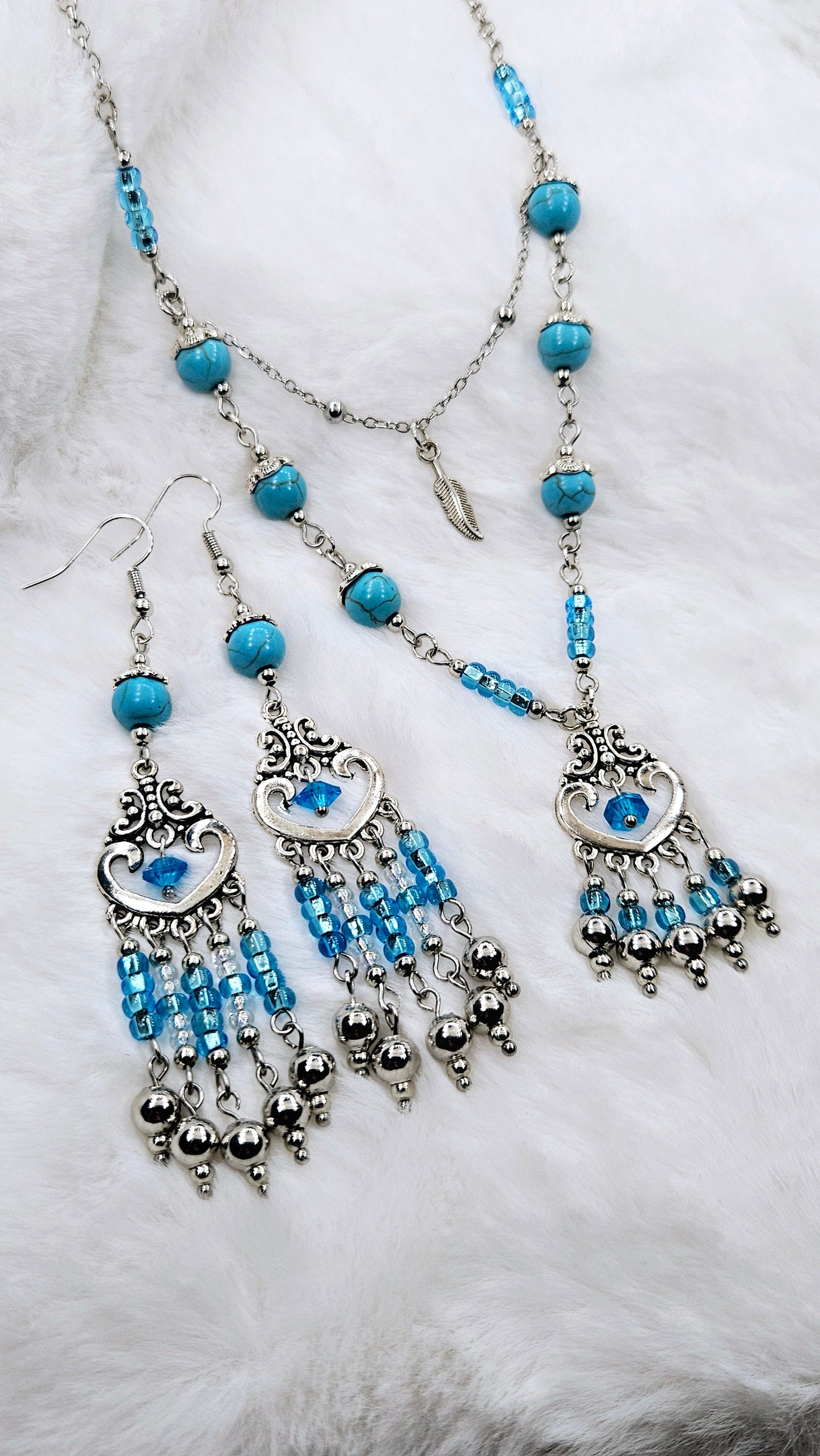 Intricate Filigree Chandelier Pendant Necklace & Chandelier Earrings with Turquoise Stones & Blue Glass