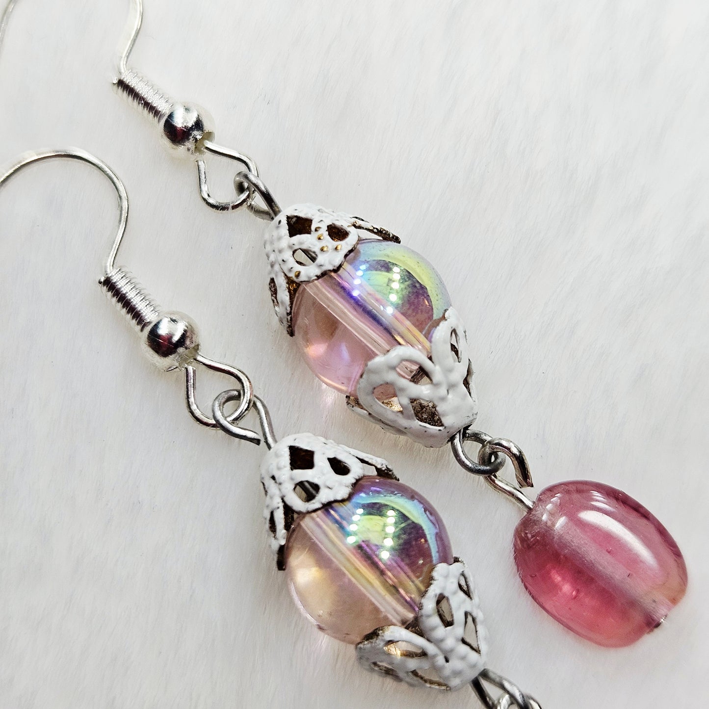 Pretty Pink Iridescent Glass Dangle Earrings with White Filigree Bell Caps - 2"