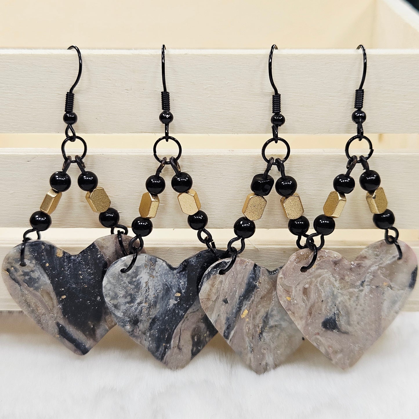 Black and Brown Gold Flake Marble Heart Polymer Clay Earrings with Black and Gold Beads
