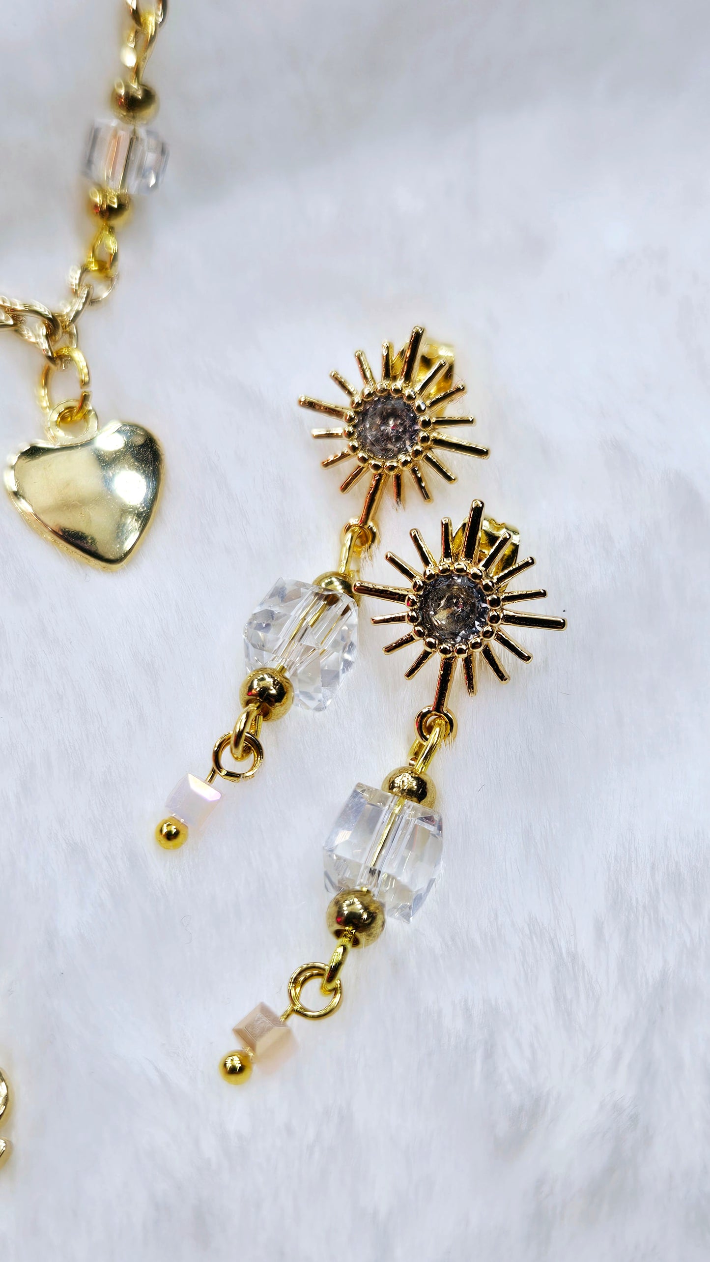 Love in Luxury Set: Gold Love Pendant Necklace, Heart Charm Bracelet, and Square Crystal Stud Dangle Earrings