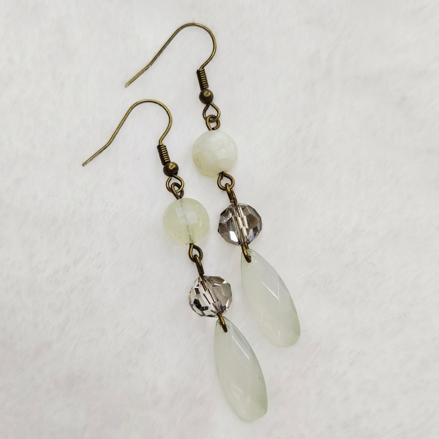 Antiqued Brass Ivory Natural Gem Cut Stone and Smokey Crystal Earrings with Gem Cut Teardrop Dangles