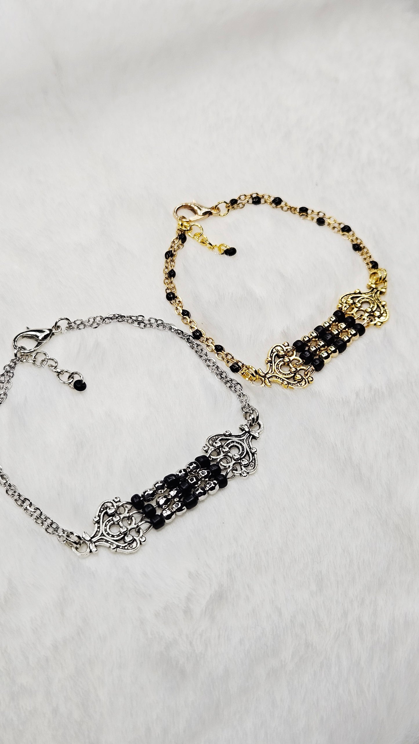 Gold Or Silver Filigree and Seed Bead Double Chain Bracelet