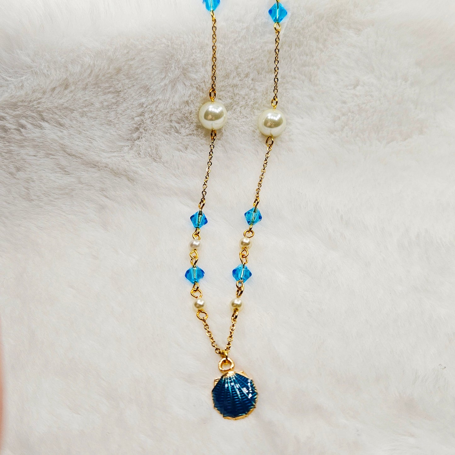 Blue Clam Shell Pendant Necklace with Light Blue Crystals and Pearls on Gold Chain
