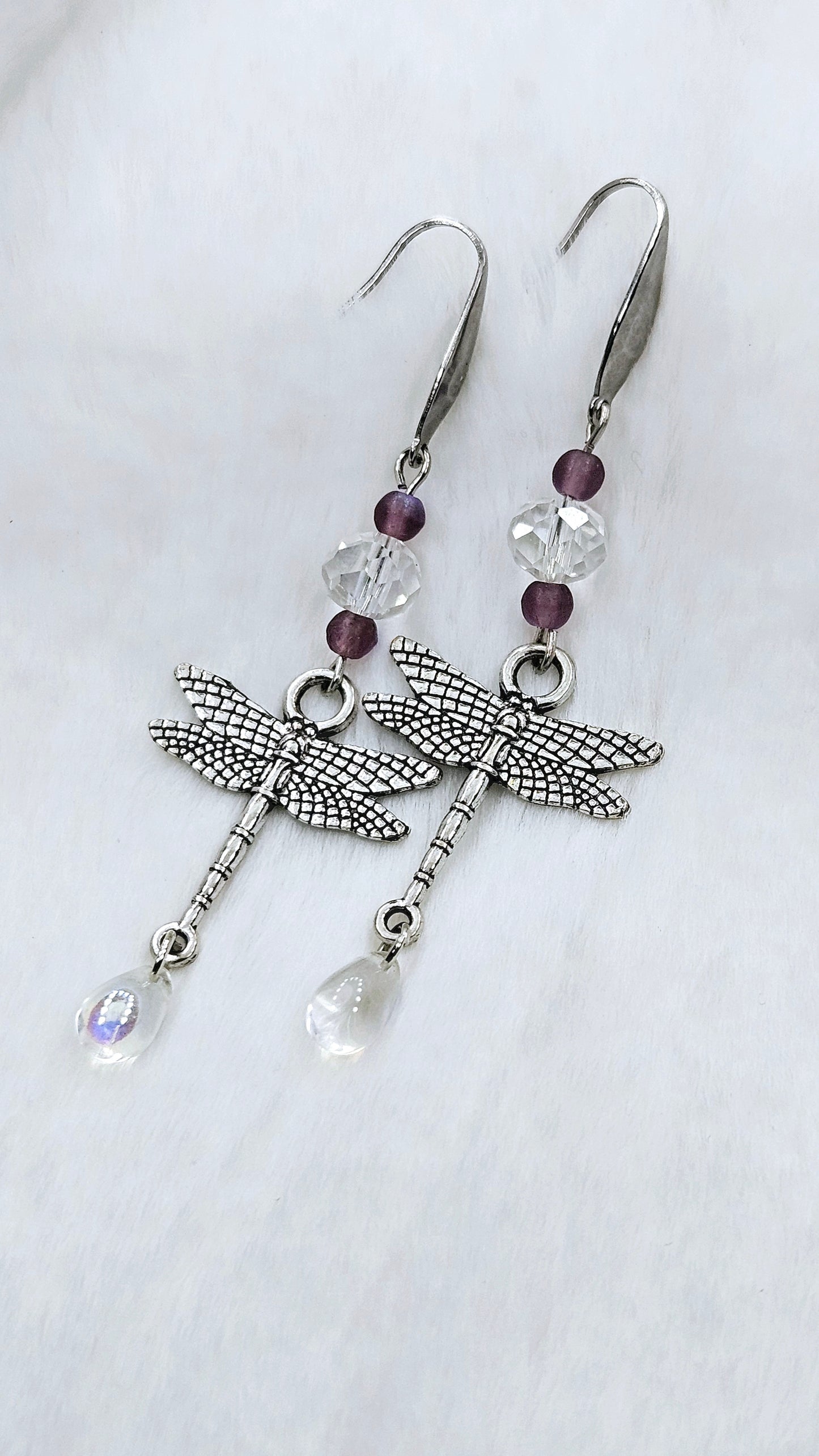 Silver Dragonfly & Crystal Dangle Earrings