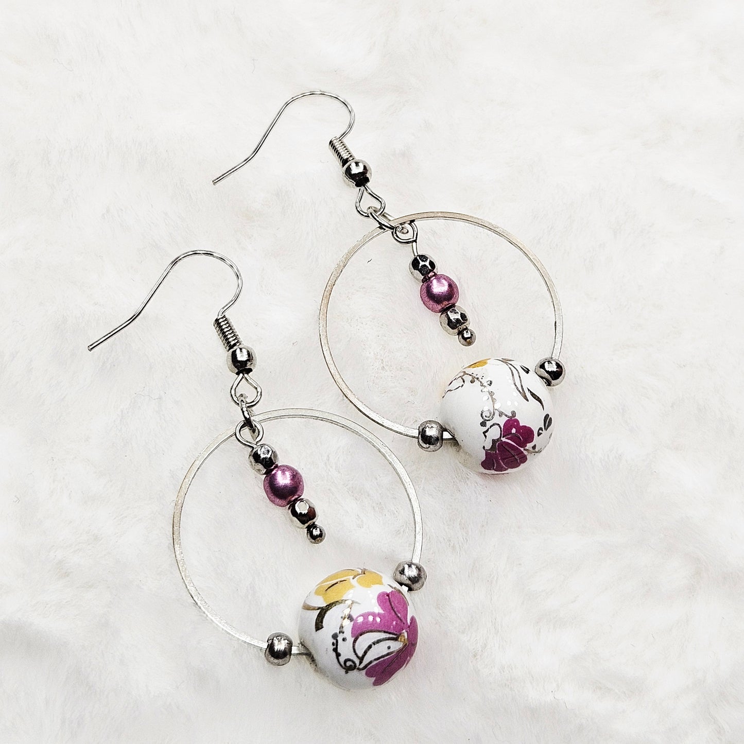 Pink Floral Ceramic on Silver Hoop Dangles